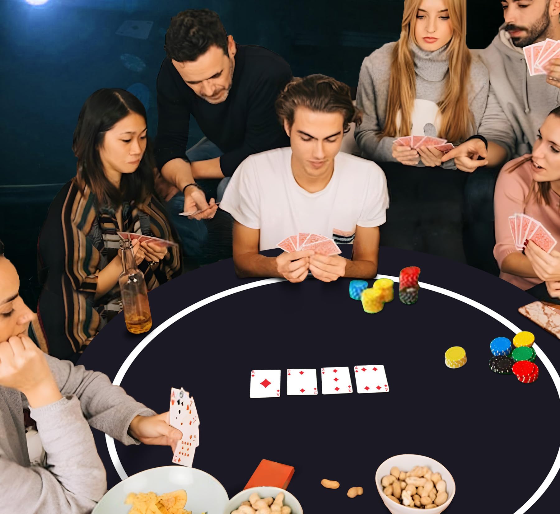 Texas Holdem Pokermatte 60/80/100/120/140cm Rund Tragbarer Pokertisch Pokerteppich Deco Layout Druck für 8 Spieler Spiellayout-Matte