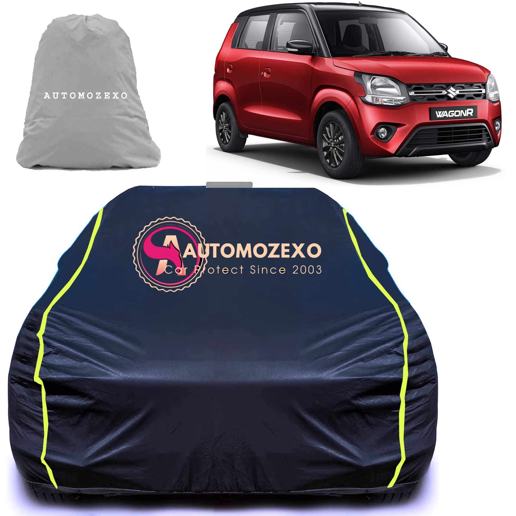 AUTOMOZEXO Maruti WagonR Car Cover with Mirror Pocket Waterproof Inner Cotton Layer Adjustable Belt Bottom Elastic Triple Stitched Cover to Secure fit and Protect from All Indian Climates (Blue)