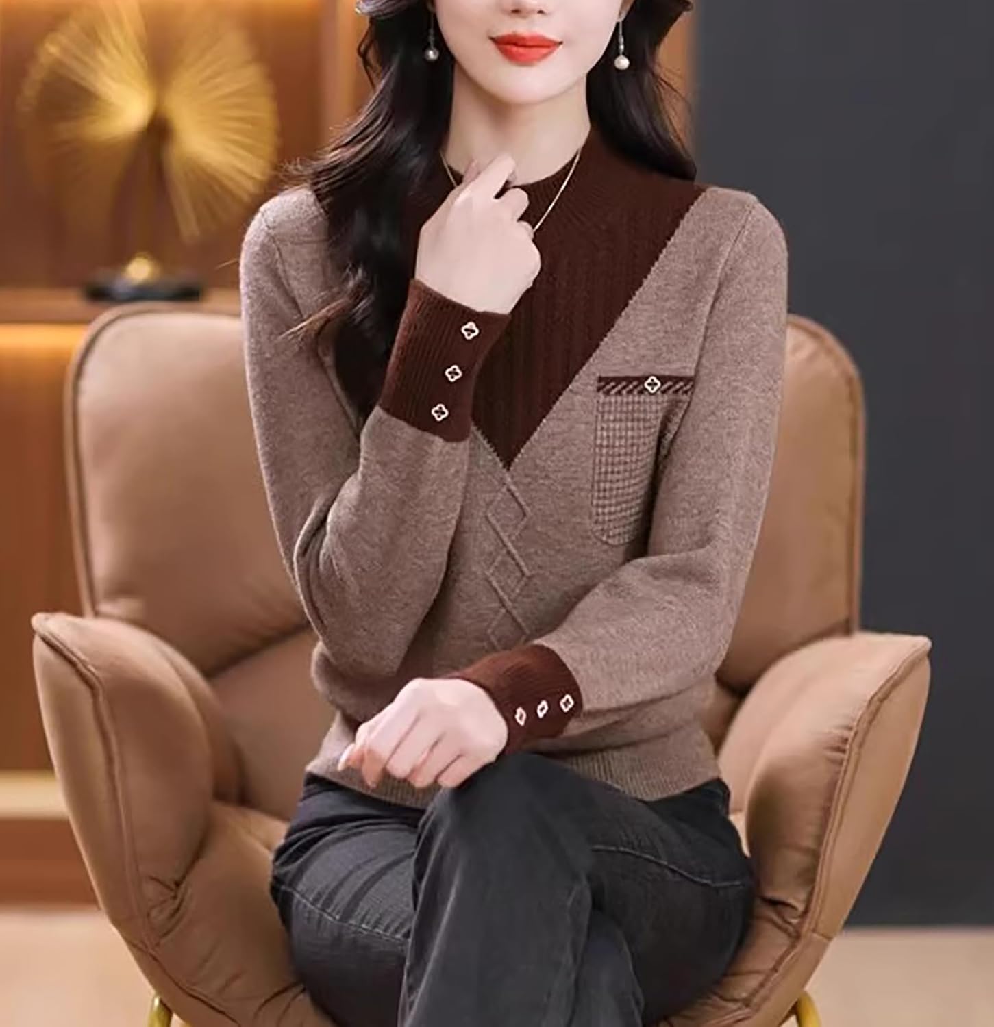 LAI MENG FIVE CATS Womens Knit Long Sleeve Crew Neck Color Layered Loose Novelty Fall Pullover Tops