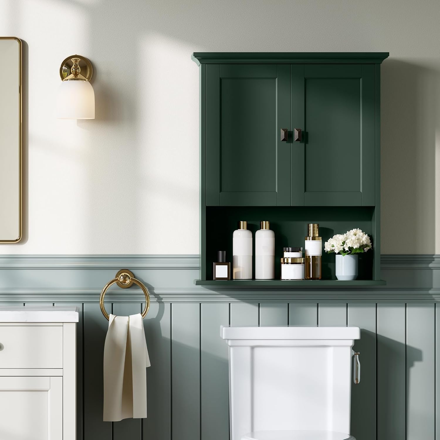 Medicine Cabinet, Bathroom Wall Cabinet Over The Toilet Storage Cabinet Wall Mounted with Build-in Spirit Level Cupboard Hanging Cabinet for Bathroom Laundry Kitchen Living Room, Forest Green