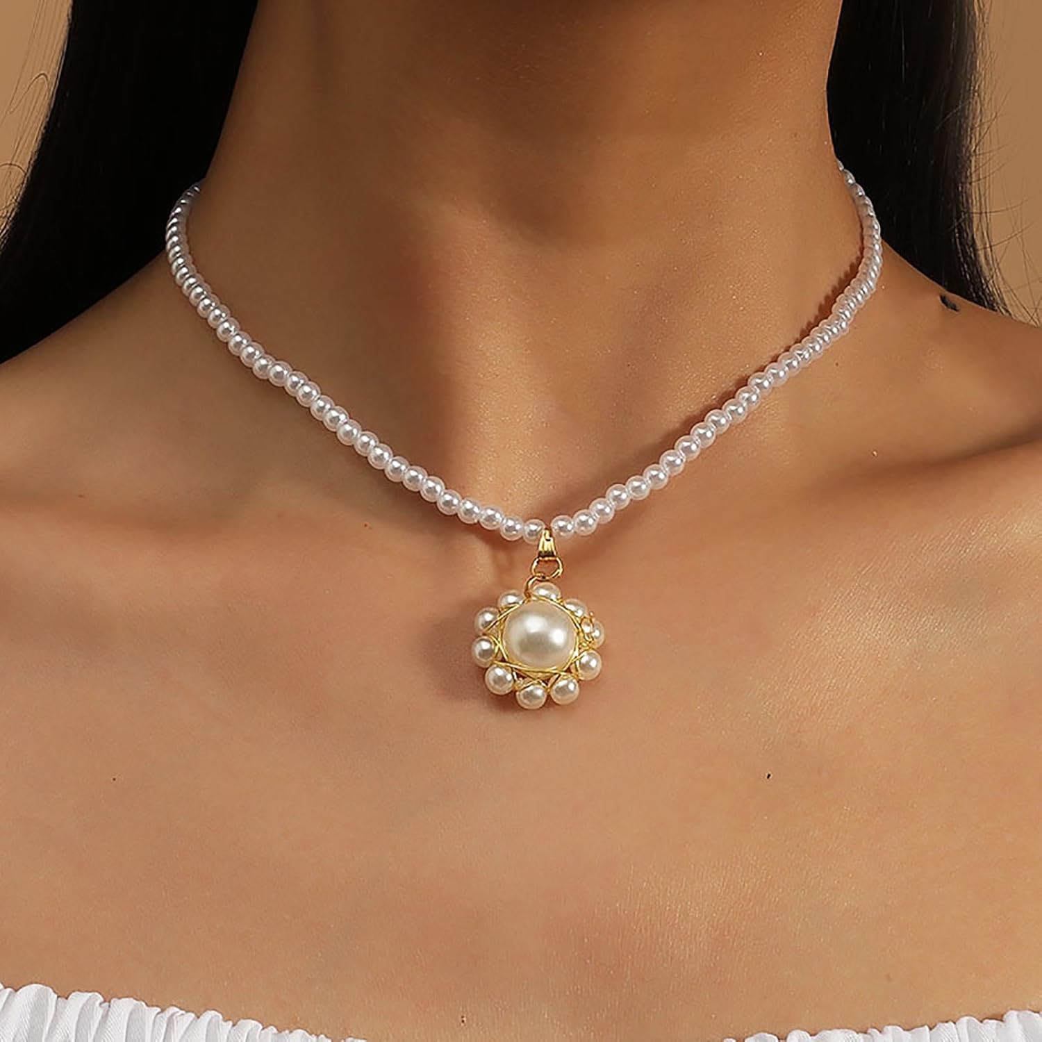 Andelaisi Boho Pearl Choker Necklace Vintage Pearl Necklace Choker Gold Station Pearl Necklace Round Pearl Flower Pendant Necklace Jewelry for Women - Image 2