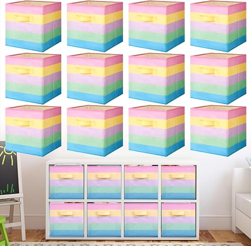 Yinder 12 Pcs Cube Storage Bin 11'' Storage Bins for Room Decor Colorful Bins Foldable Baskets for Nursery Organizer Boxes Fabric Boxes (Rainbow)