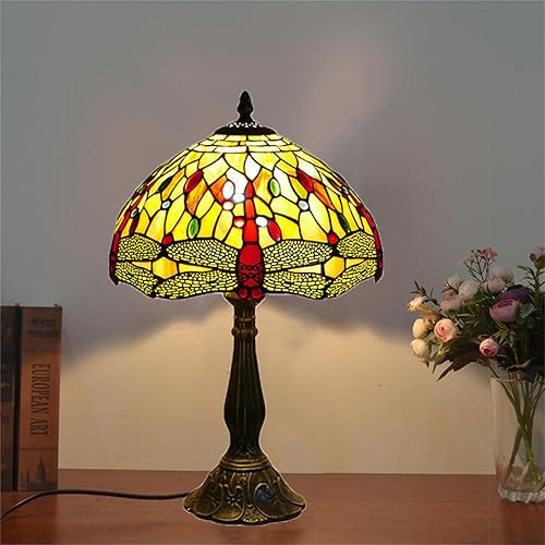 Miniatura 7 de Lámpara de mesa estilo Tiffany de 12 pulgadas, lámpara de cristal de dargonfly amarilla Tiffany Lámparas Tiffany lámpara de mesa de lectura de