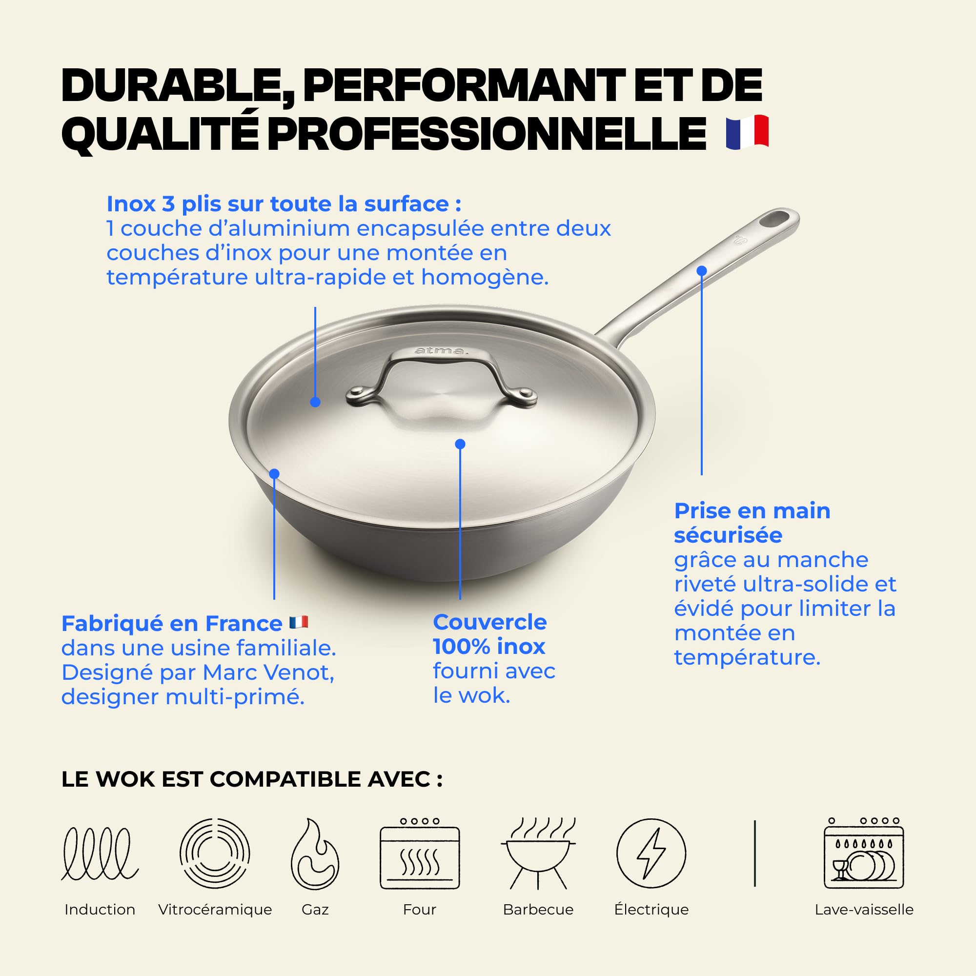Atma - Wok en Inox 3 Plis – Ø24 cm – Compatible Tous Feux, Cuissons Express et Polyvalentes – Sans PFAS, Ni Revêtement Chimique – Grande Contenance, Manche Riveté – Fabriqué en France
