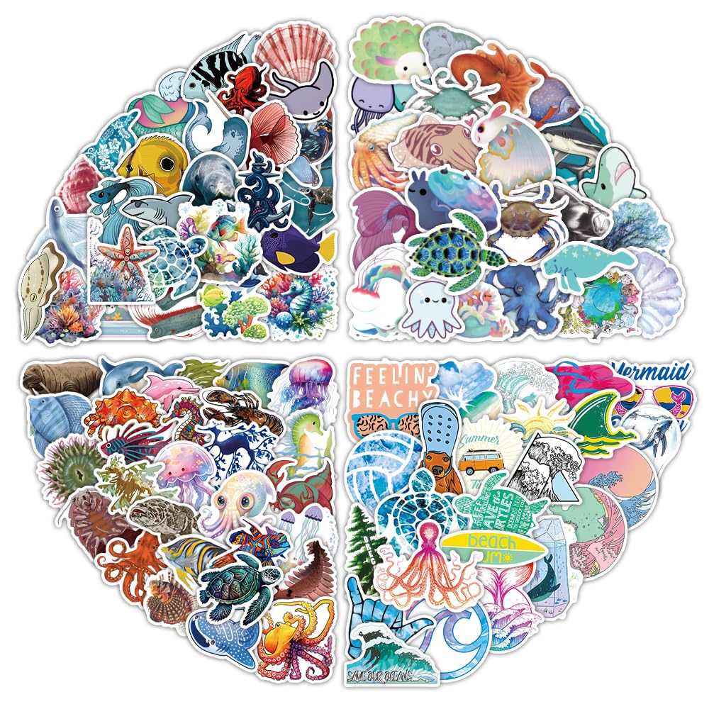 210PCS Ocean Stickers, Cute Under The Sea Animal Fish Shark Turtle Decals for Water Bottle Laptop, Waterproof Vinyl Sea Creature Sticker Pack for
