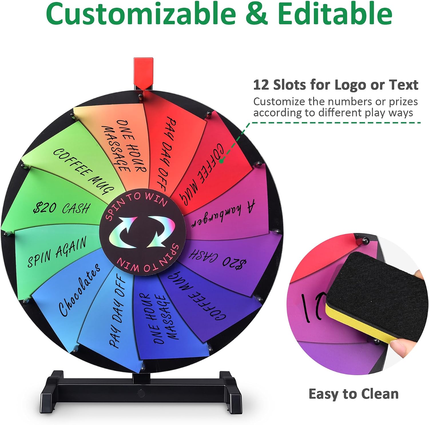 WinSpin 15 Inch Heavy Duty Prize Wheel - 12 Slots Tabletop Roulette Wheel with Dry Erase Marker - Carnival Games Spinner for Trade Shows, Parties and Outdoor Events