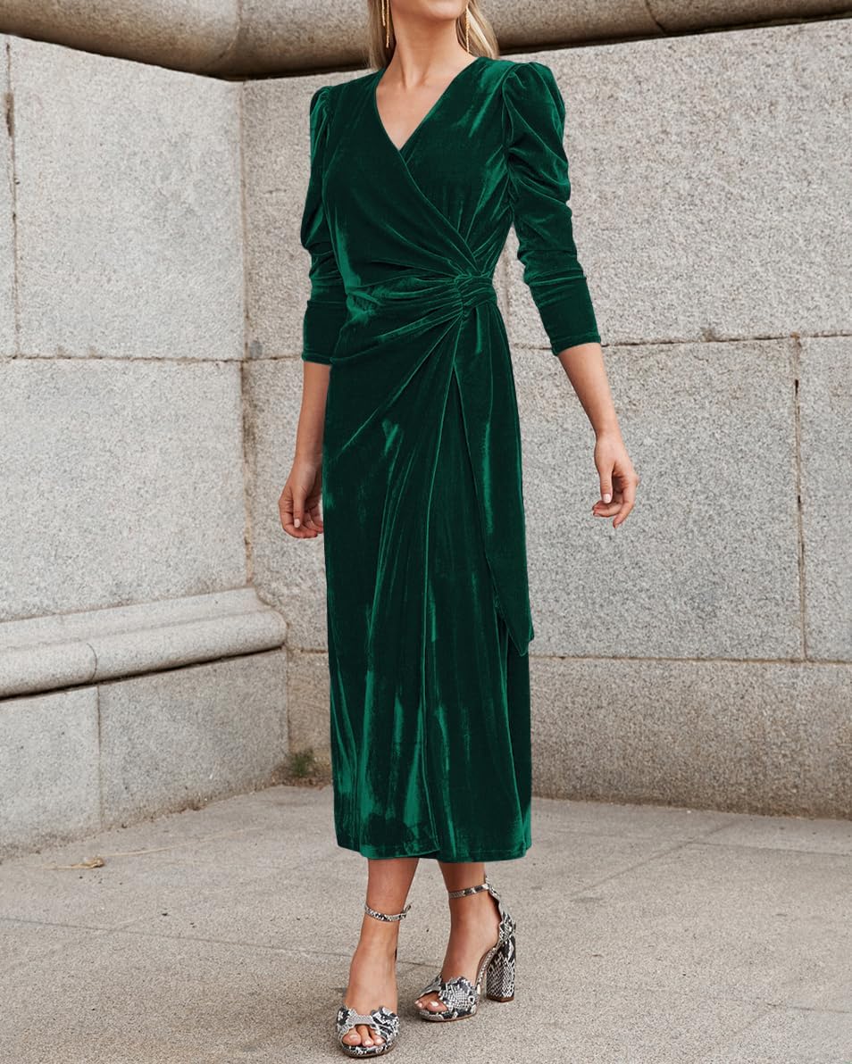 Women Velvet Wrap Midi Dress 2025 Fall Winter Solid Vintage Long Sleeve V Neck Ruched Cocktail Party Dress - Image 3