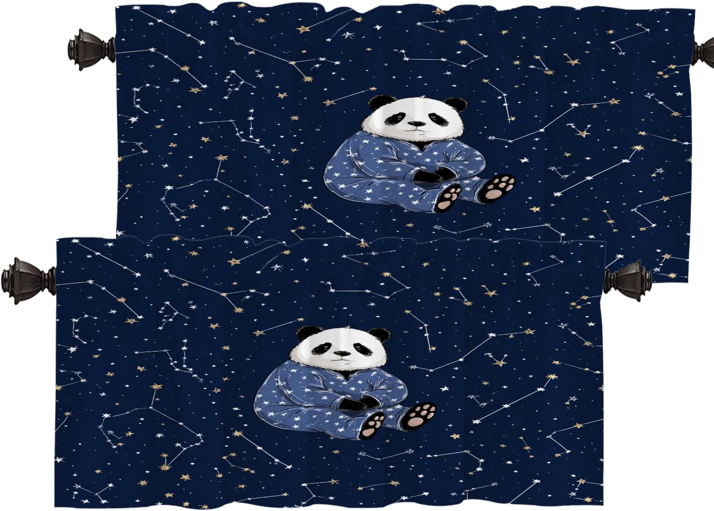 Batmerry Panda Stars Constellation Thermal Insulated Valances for Windows,Panda Starry Pajamas Night Kitchen Curtains and Valances Set Blackout Short Valance for Bathroom, 2 Pack 52X18 Inches