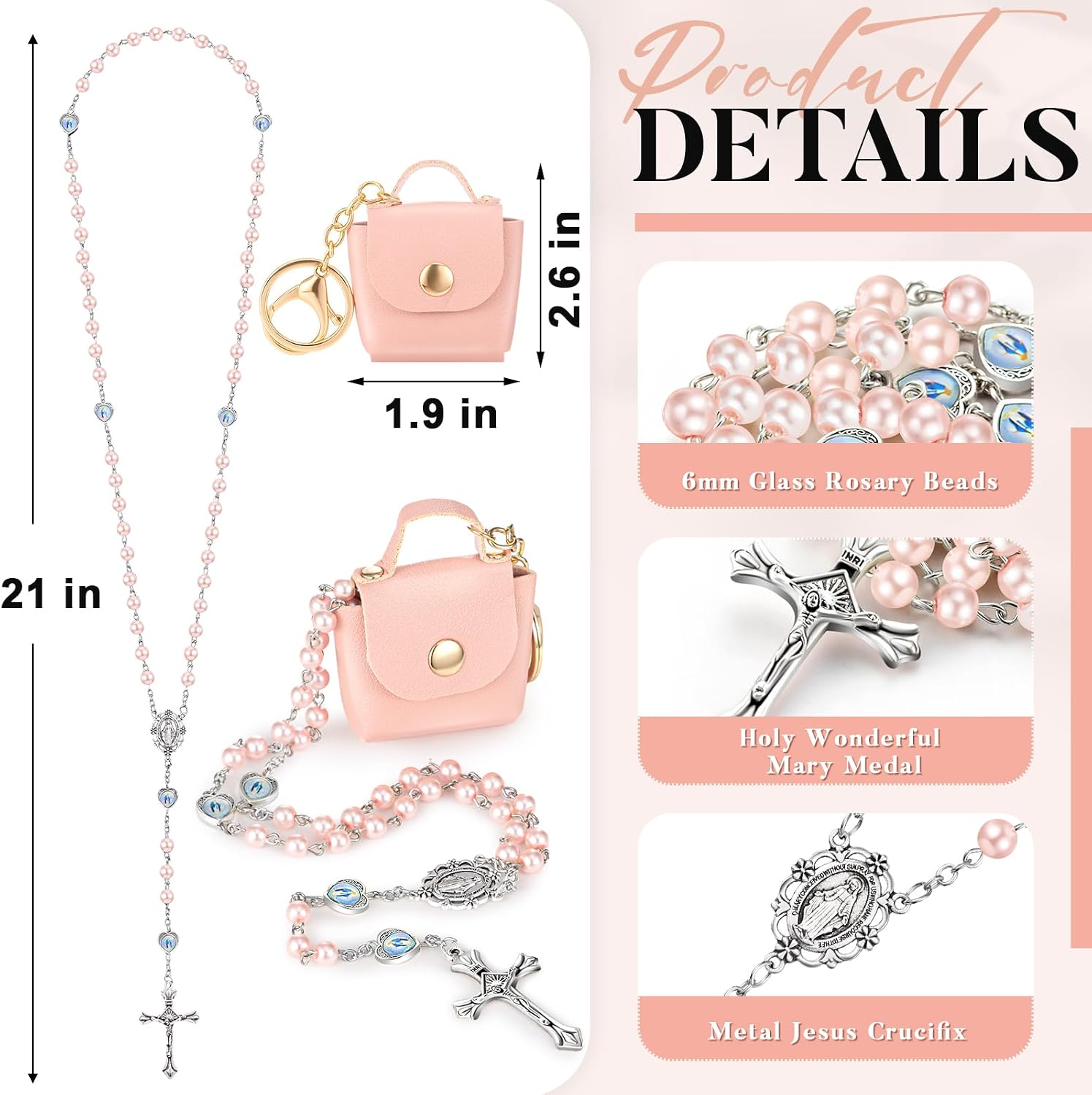 ROCEEI 6 Sets Catholic Glass Pearl Rosary Beads Necklace with Keychain Mini Handbag 6 mm Beaded Cross Necklace contains Crucifix and Rosary for Women