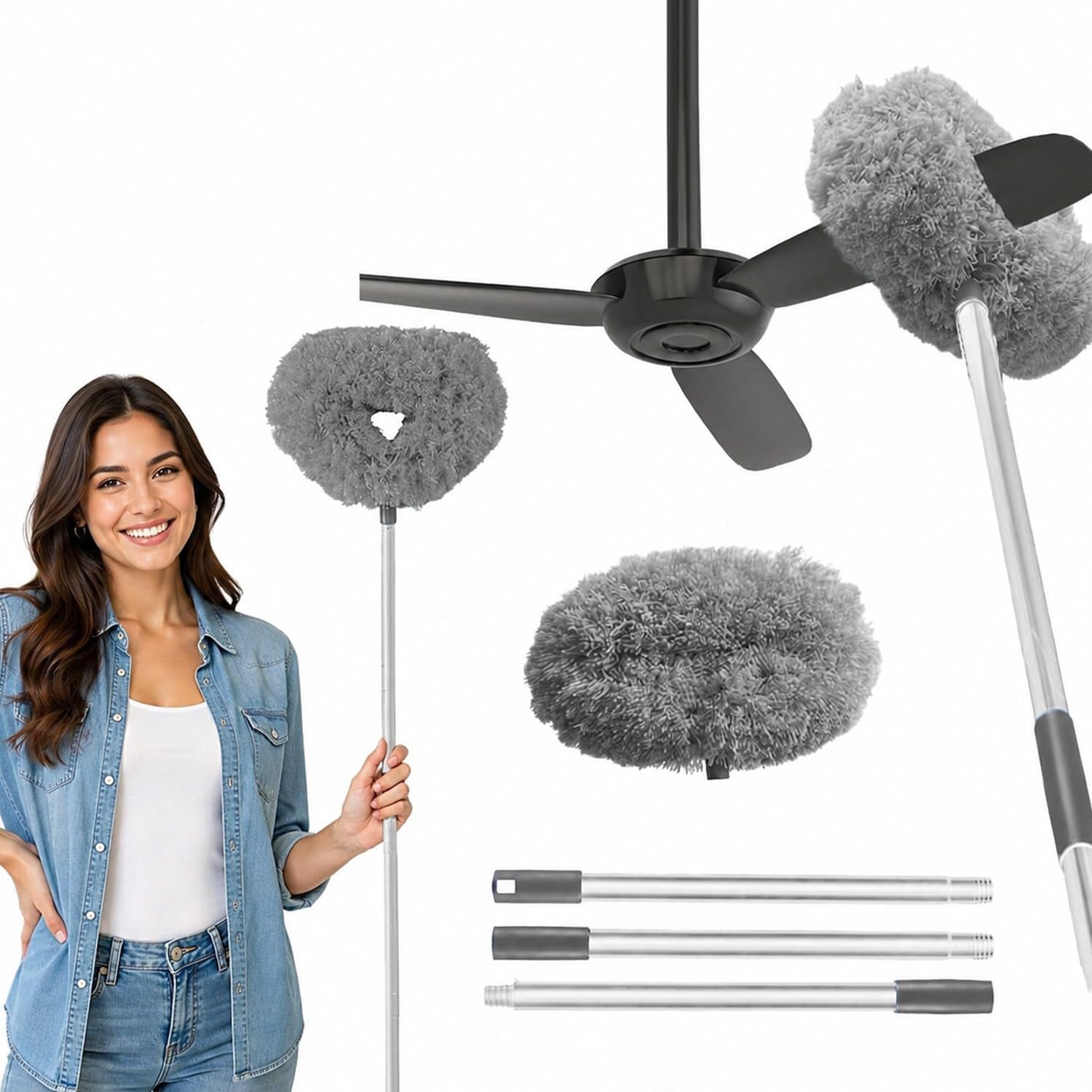 MAXOSHINE Ceiling Fan Cleaner Brush With Long Rod Flexible Fan Cleaning Mop Microfiber Dust Cleaner Foldable Duster For Home Cleaning Microfiber Duster For Cleaning Of Home, Kitchen, Car, Grey, 34 Cm-image-9