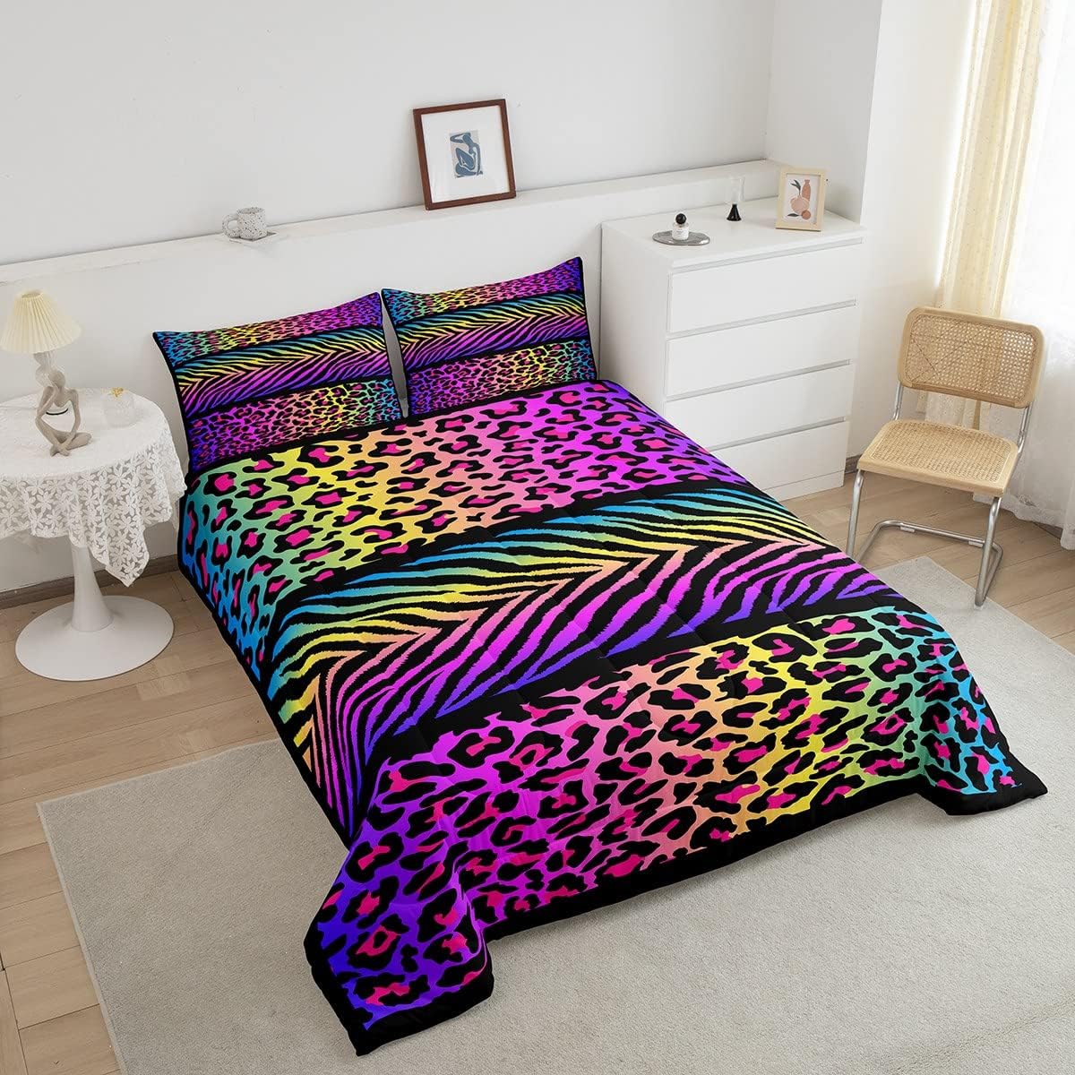 Neon Cheetah Print King Bedding Set For Girls Women Rainbow Leopard Comforter Set Wild Zebra Stripe Bedding Comforter Sets Wild Animal Quilt Duvet Insert Wildlife Theme Bedroom Decor Colorful 3 Pcs