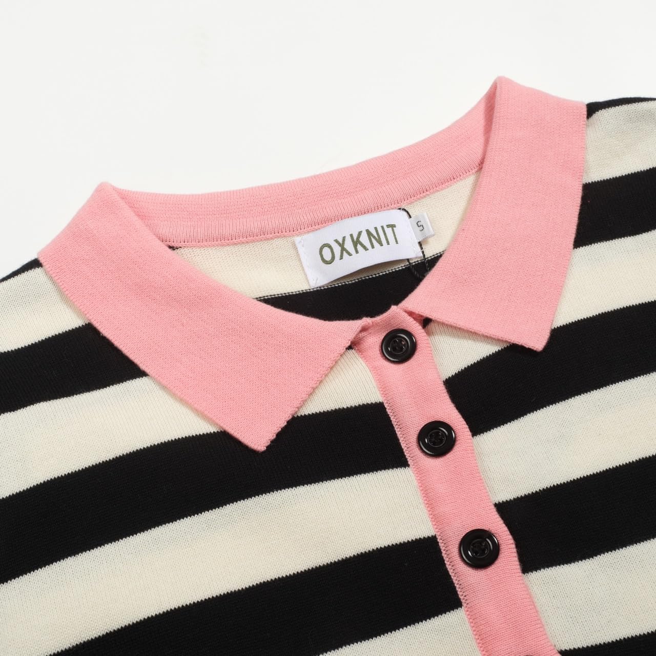 OXKNIT Women's Knit Polo Shirts Short Sleeve, 1960s Mod Style Vintage Stripes Black Casual Tops with Quarter Button - Image 3