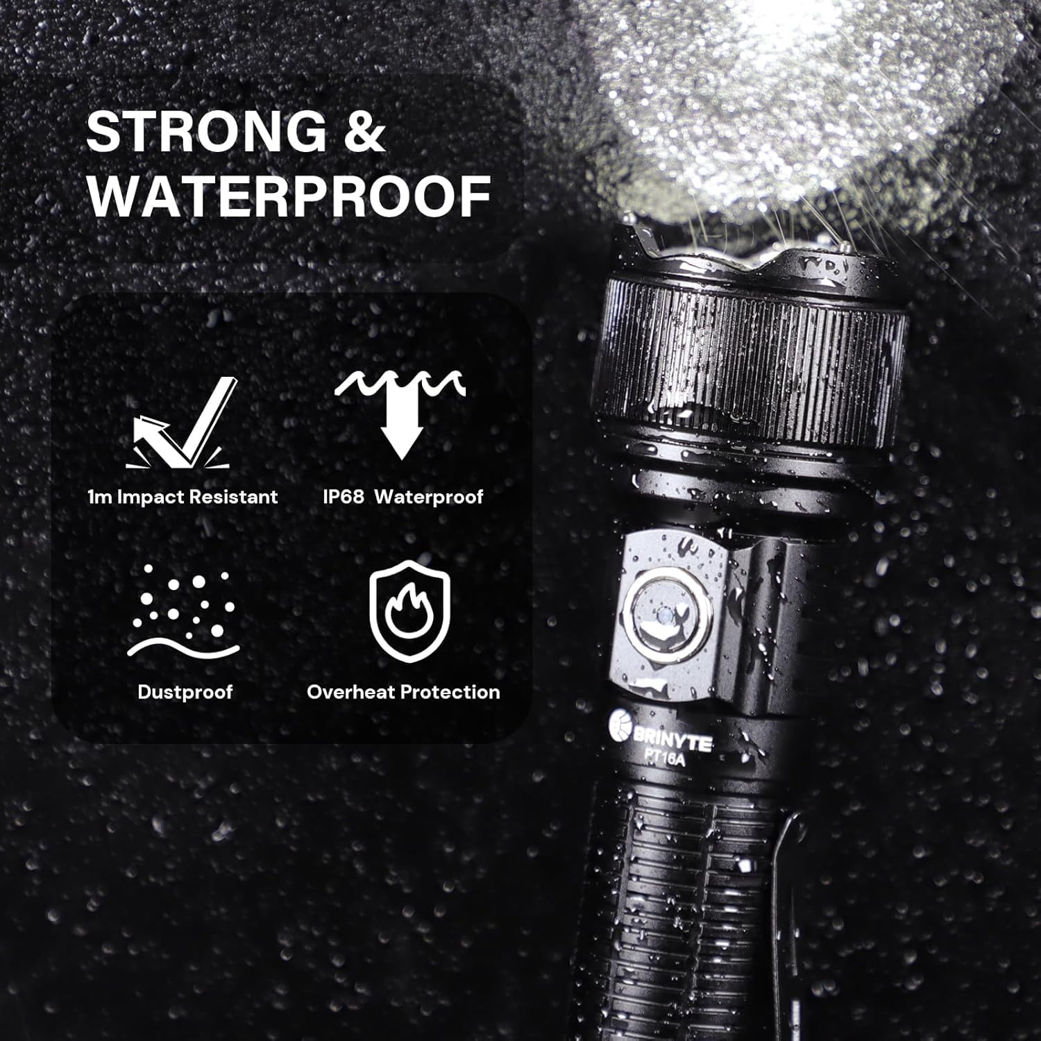 Brinyte PT16A Linterna táctica de 3000 lúmenes, luz estroboscópica LED ultrabrillante, IP68, impermeable, interruptor doble con 6 modos para camping, emergencia, EDC, hogar, exteriores