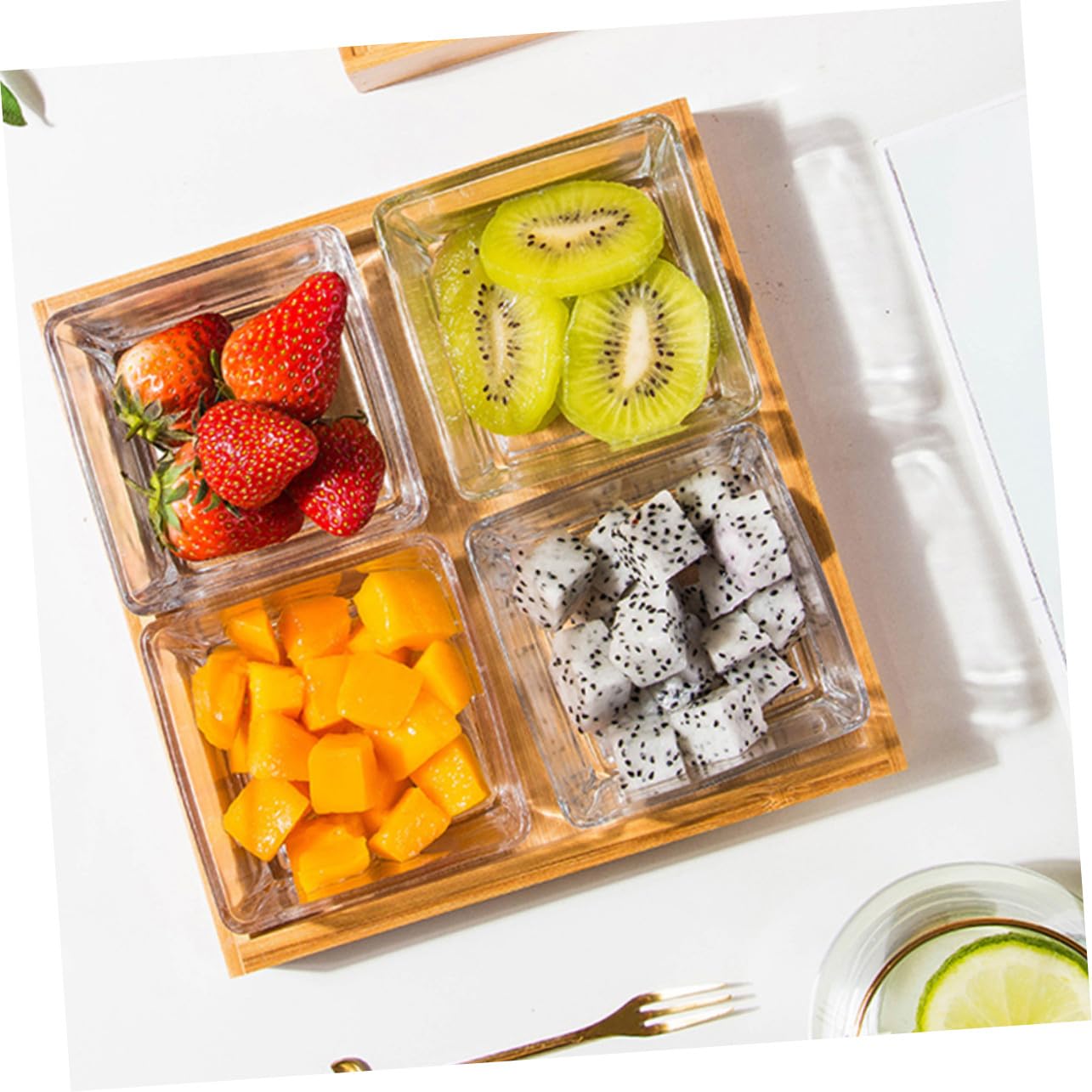 BESTYASH Unterteilter Glas Snackteller mit Holzhalter, 1 Satz | Nüsse und Snacks, Geordnete Fächer, Glas und Holz im Kompakten Format Zufällige Farbe