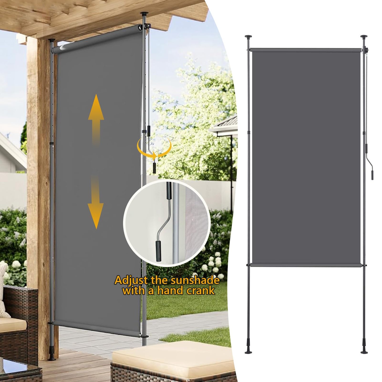 Tenda a rullo regolabile per esterni, tenda retrattile manuale con manovella, parasole verticale e per cortile, giardino, patio (marrone, 150 cm)