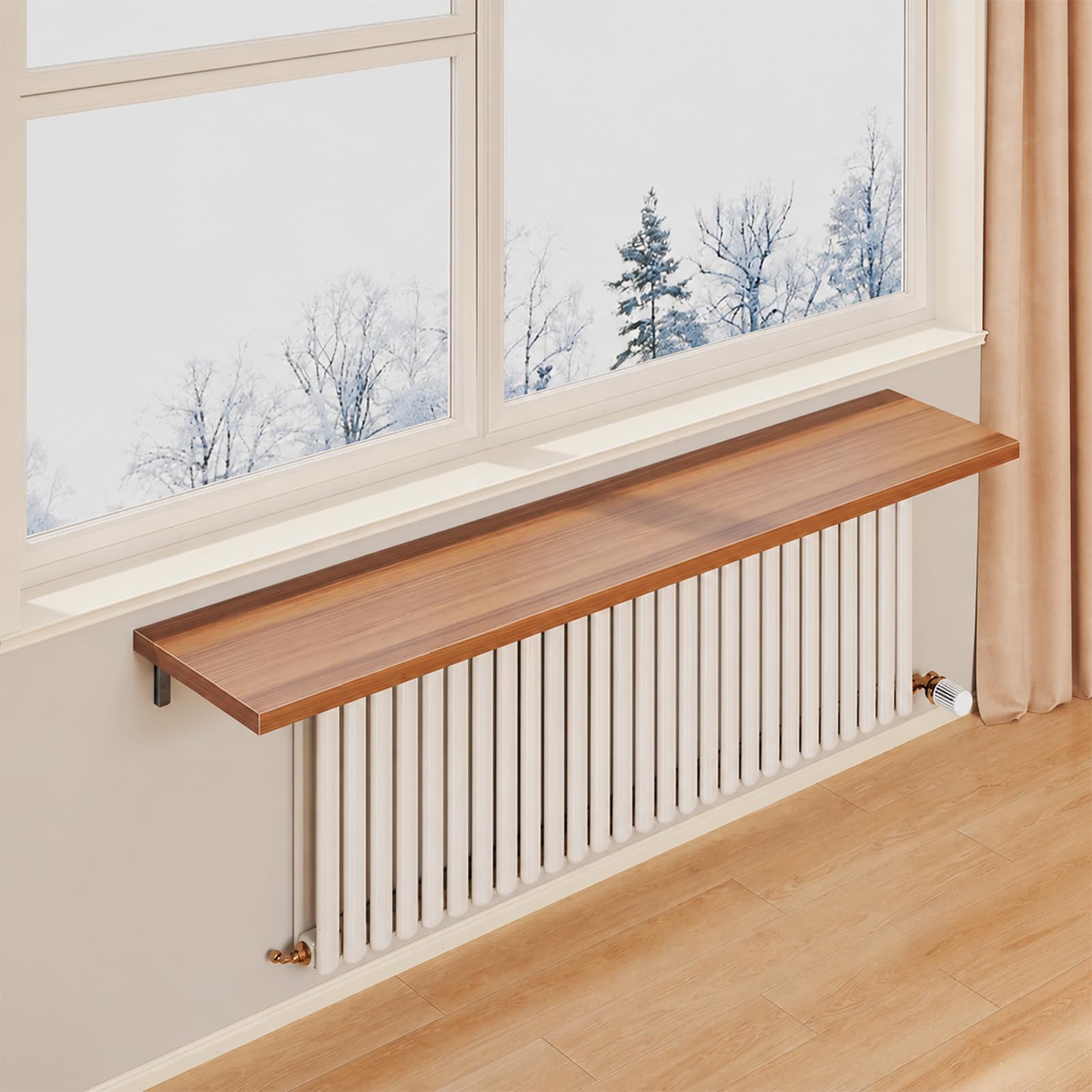 Heizkörperablage Holz Walnuss Schweberegal Heizkörperverkleidung Klein Heizung Regale Wandregal Breit Schwerlast 80kg Organizer mit Schwarzen Halterungen 60cm