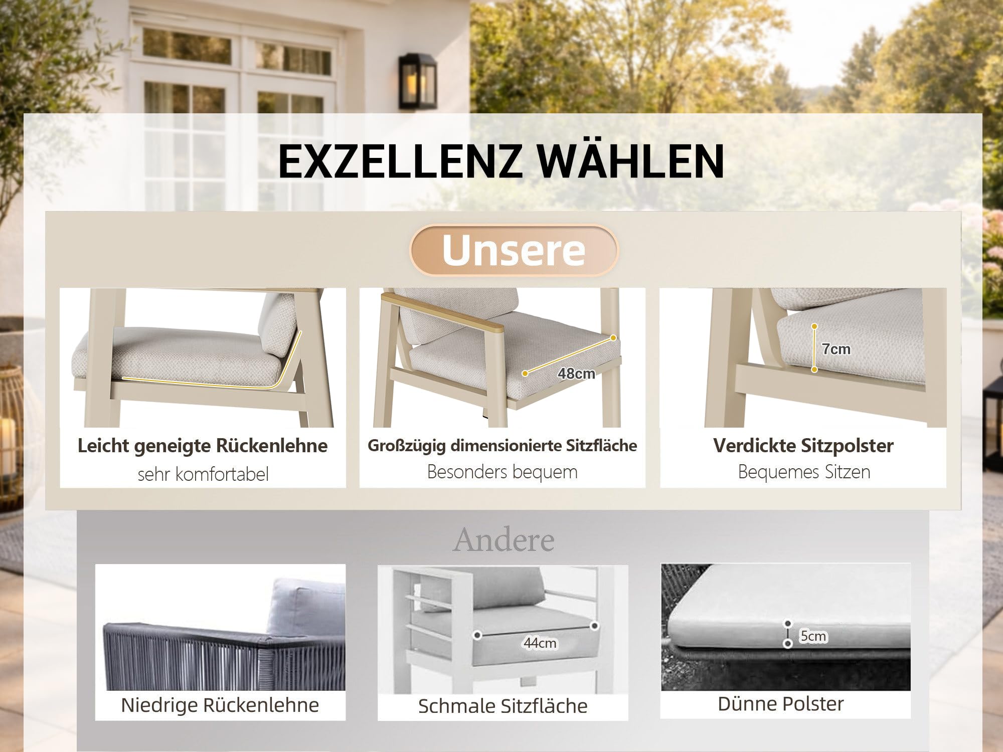 LANOX Aluminium Gartenmöbel Set mit Tisch und 4 Stühlen | Wetterfest & rostfrei, Tisch 150x80cm, Tischplatte in Holzoptik, inklusive 22D Schaumstoffpolster, für Terrasse & Garten