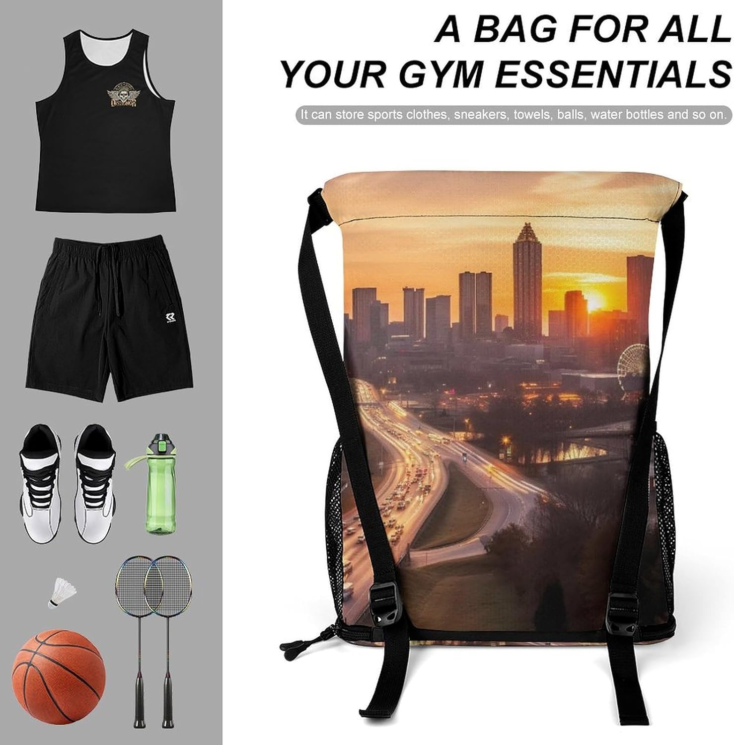 Small Gym Bag Atlanta City Sunset Landscape Printed Drawstring Gym Bag for Men Lightweight Waterproof Drawstring Backpack for Women with Shoe Compartment for Travel Tourism Work And Fitness
