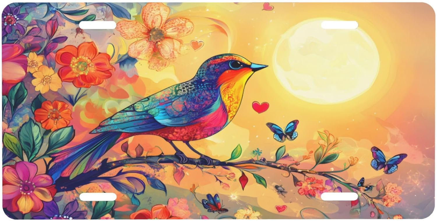 Vintage Bird Flower Butterfly Front License Plate Car Decor Accessory Aluminum Metal Decorative Car Plate Funny Novelty Vanity Tag with 4 Holes for