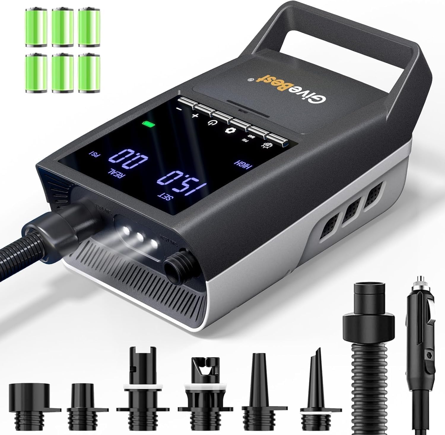 GiveBest Rechargeable Paddle Board Pump, 20 PSI High Pressure and 30% Faster Dual Stage SUP Air Pump with Auto-Off, 3x4500MAH, Inflation and Deflation Function for Paddle Boards, Boats, Kayak and Tent