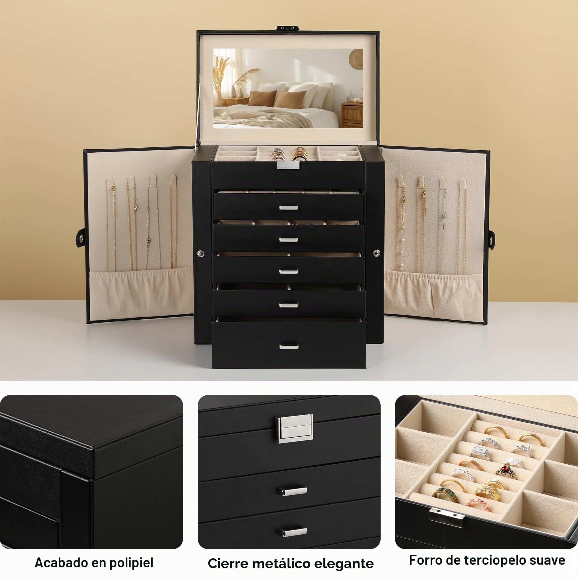 Frebeauty Caja de joyería grande, organizador de joyas de cuero sintético de 6 niveles con cerradura, funda de almacenamiento multifuncional con espejo, soporte de accesorios(Negro)