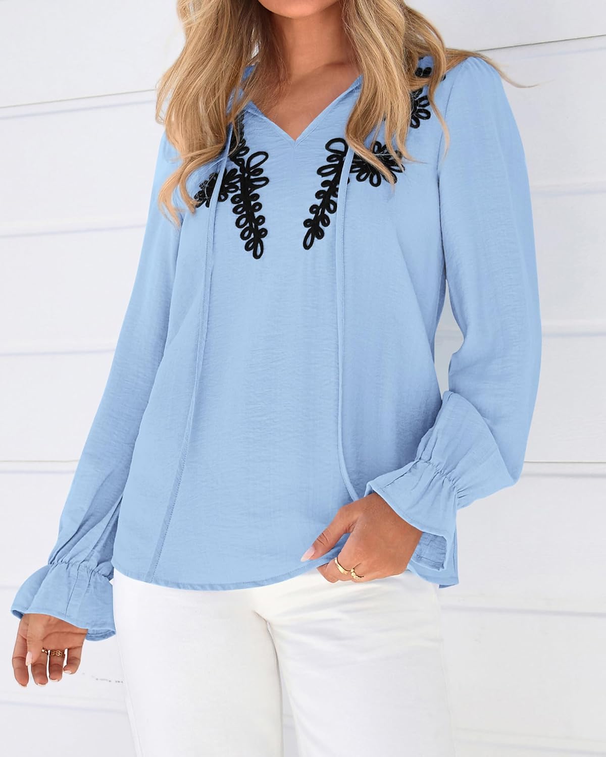 BTFBM Womens Tops Dressy Casual Fall 2025 Boho V Neck Ruffle Long Sleeve Shirts Floral Embroidered Work Business Blouses - Image 5