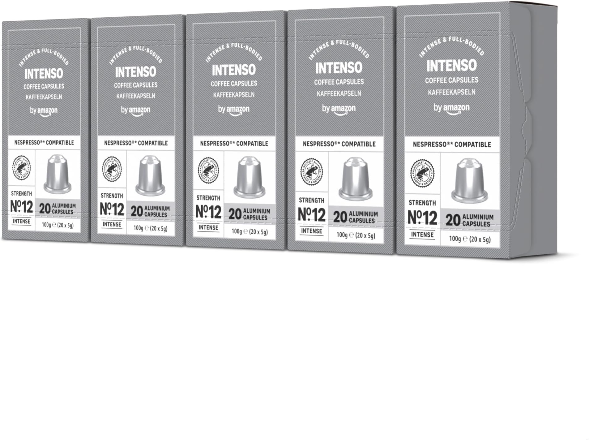 by Amazon Intenso Aluminium Coffee Pods Compatible with Nespresso, Dark Roast, 100 Count (5 Packs of 20) - Rainforest Alliance Certified
