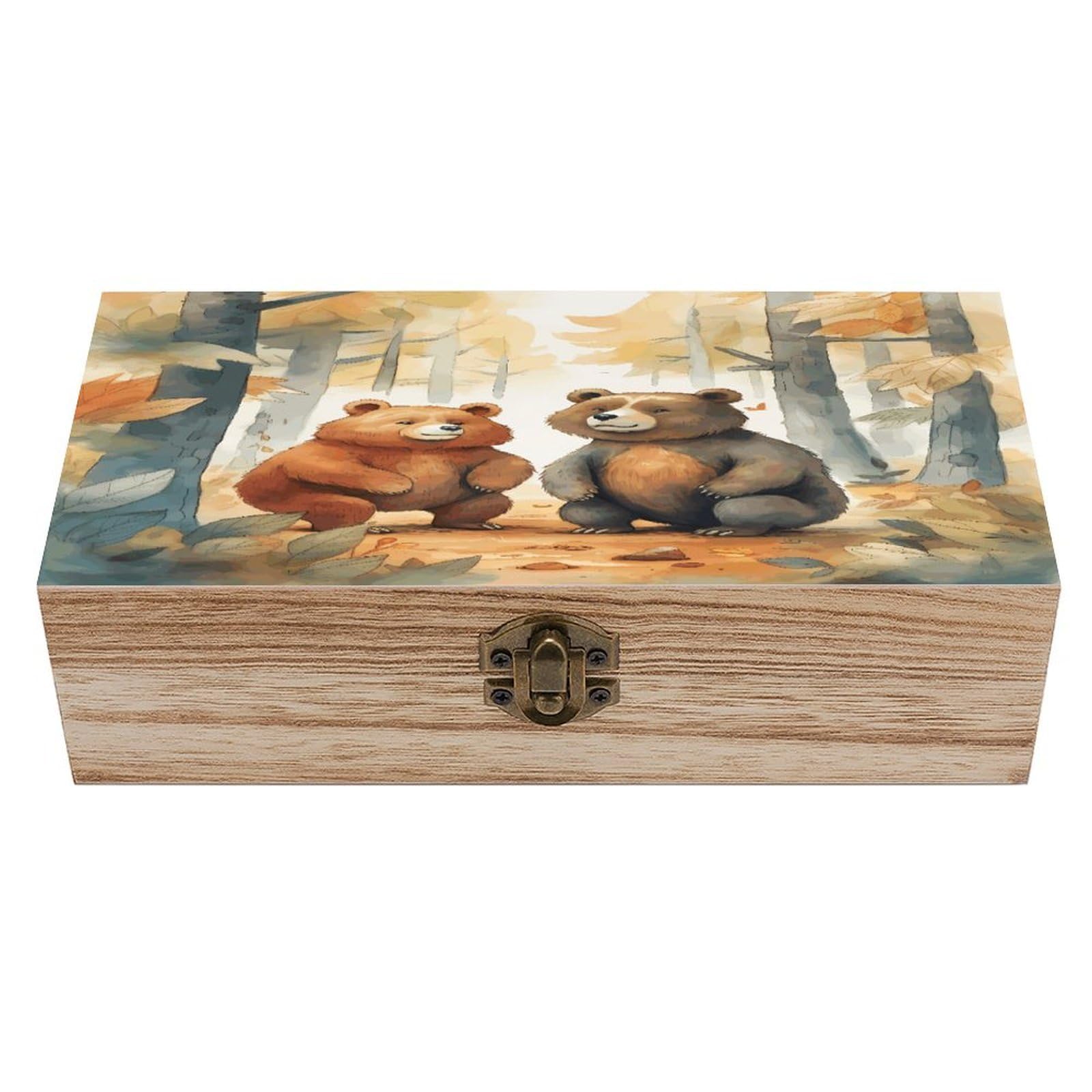 VstaDank Bear in Woods Wooden Keepsake Box with Hinged Lid Solid Wood Gift Boxes Beautifully Keepsake Box Jewellery Organiser Retro Memory Treasure Case with Lids Decorative Boxes