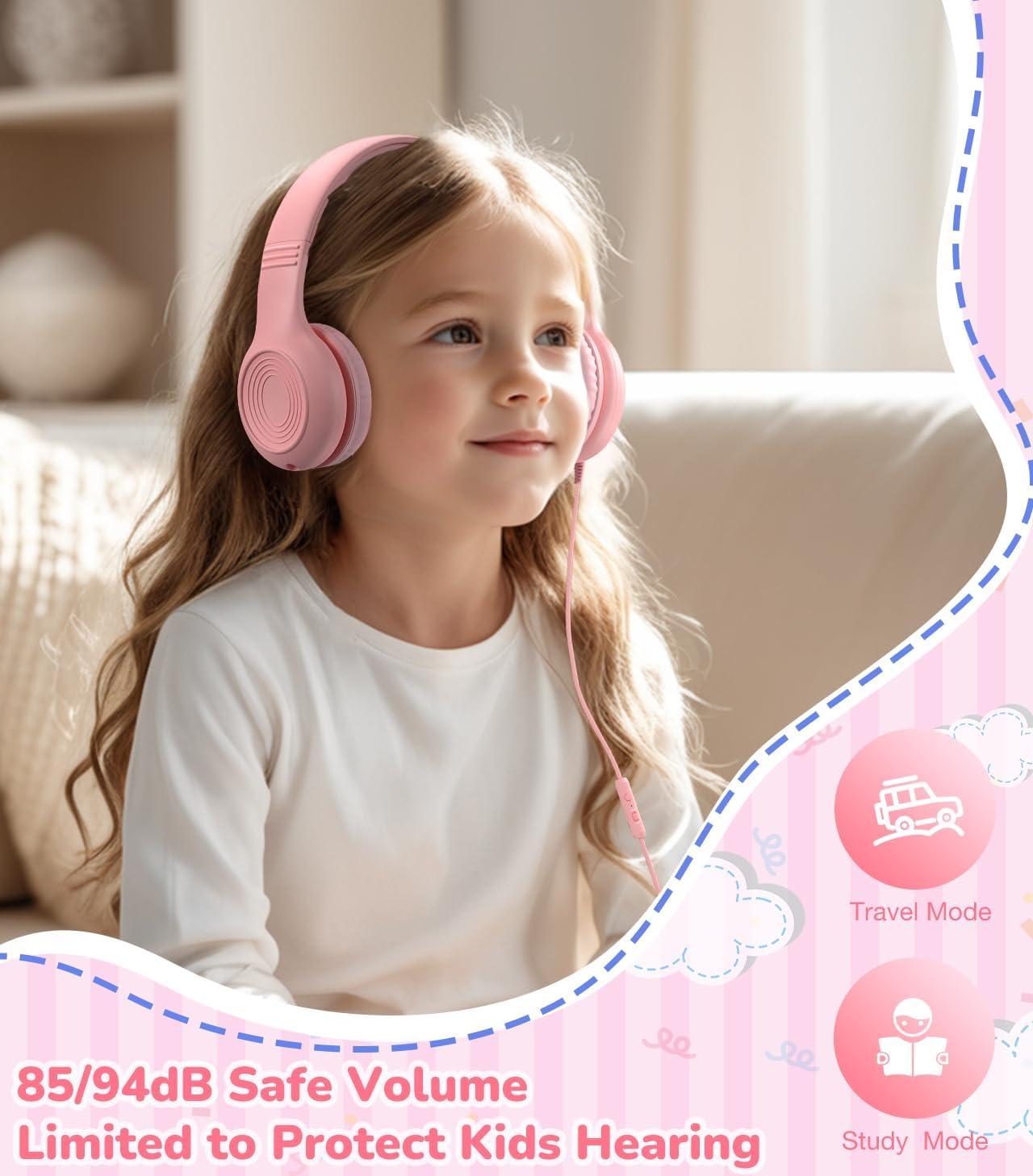 Upgrade USB Type C Kids Headphones, Wired Headphones for Kids with Microphone for Boys Girls, Adjustable 85dB/94dB Volume Limited (Pink)