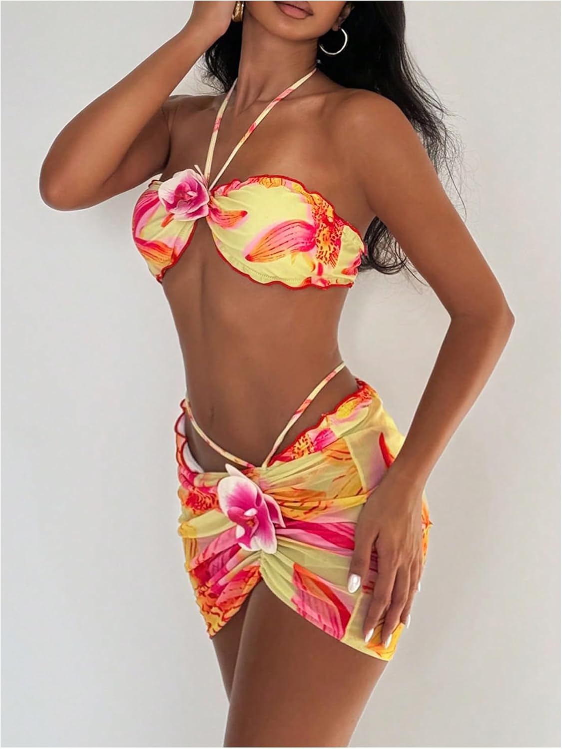 SOLY HUX Women's 3 Piece Swimsuit Floral Halter Bikini Set Beach Vacation Bathing Suit with Drawstring Cover Up Skirt - Image 4