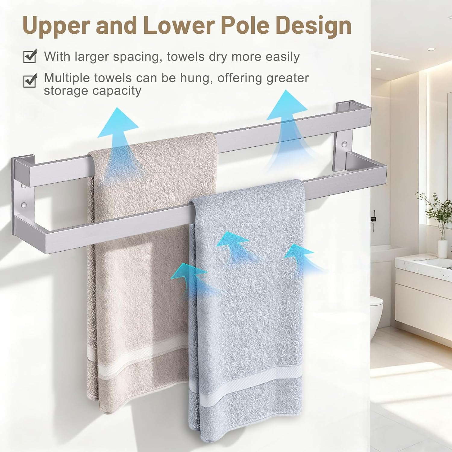 TNOMS Double Towel Bar,Towel Rack for Bathroom Stainless Steel Wall-Mounted Bathroom Hardware Accessories Brushed Nickel 24 Inch - Image 3