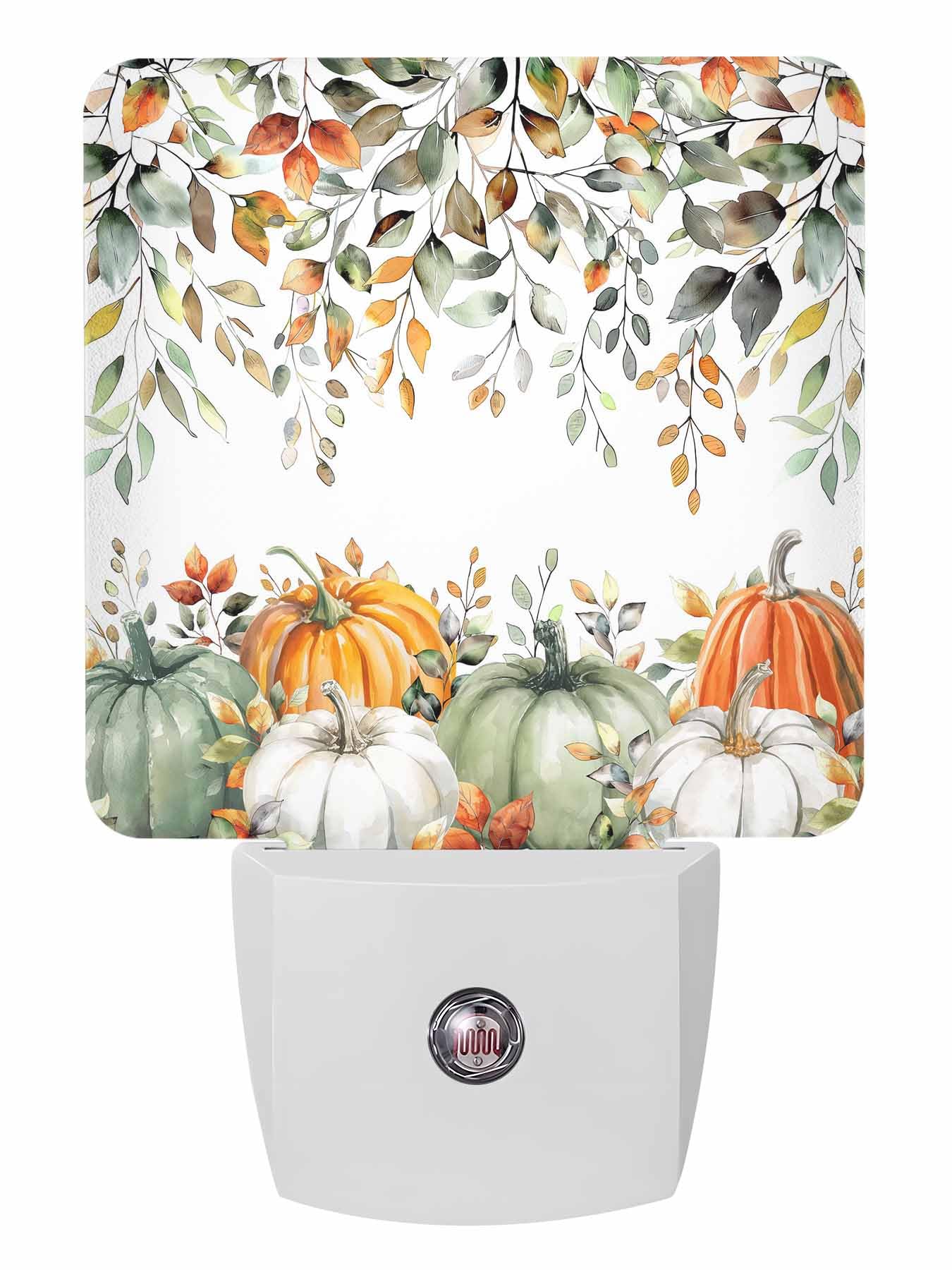 Fall Night Lights Auto Sensor Sage Green Pumpkin Plug-in LED Nightlights Dusk to Dawn for Living Room, Bedroom, Bathroom, Kitchen, Hallway, Stairways Thanksgiving Decor, Autumn Eucalyptus Leaves