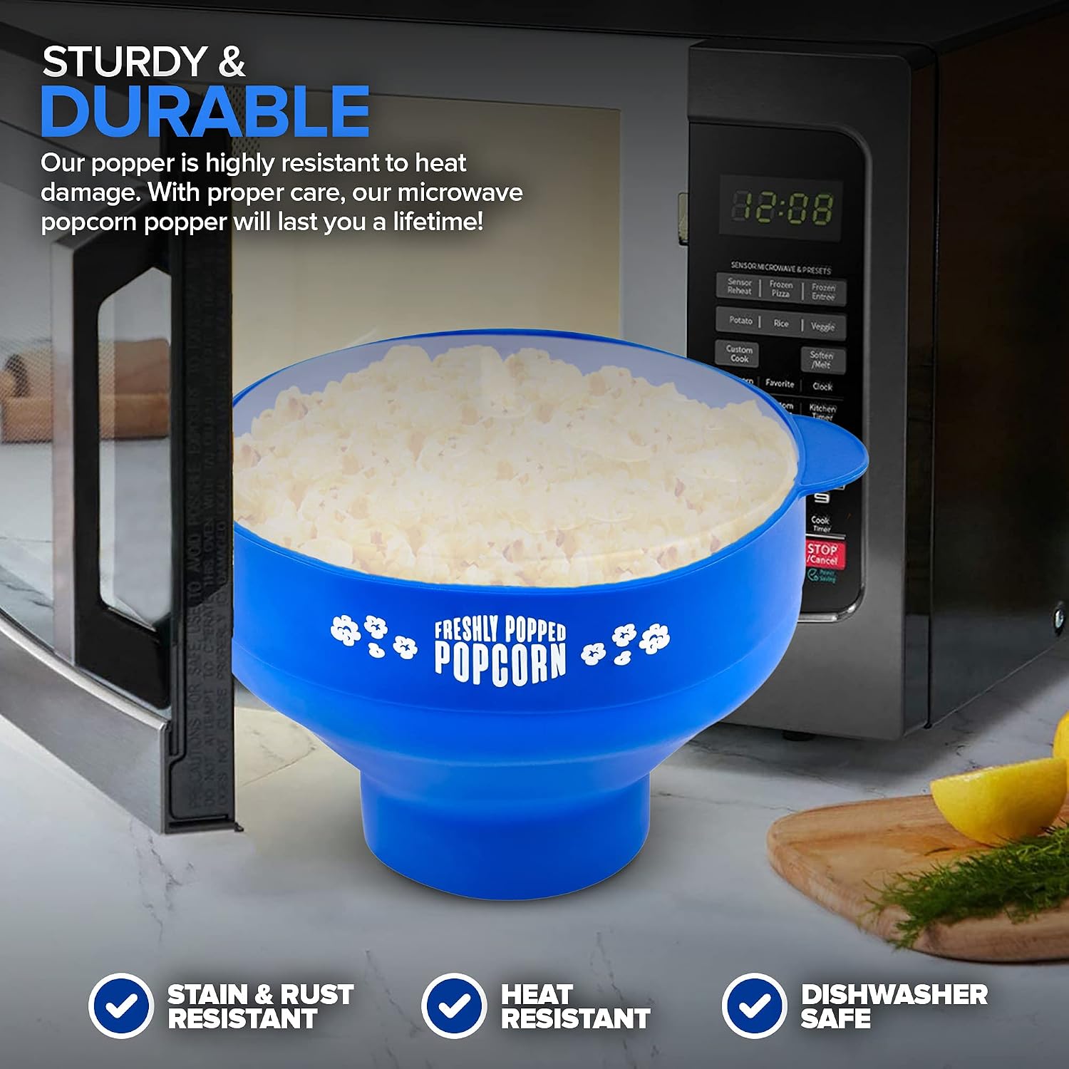 Silicone Microwave Popcorn Popper with Handles - Popcorn Maker - Collapsible Popcorn Bowl - BPA Free - Dishwasher Safe Silicone Popper - Reusable Microwave Popcorn Maker - (Blue) - Stock Your Home