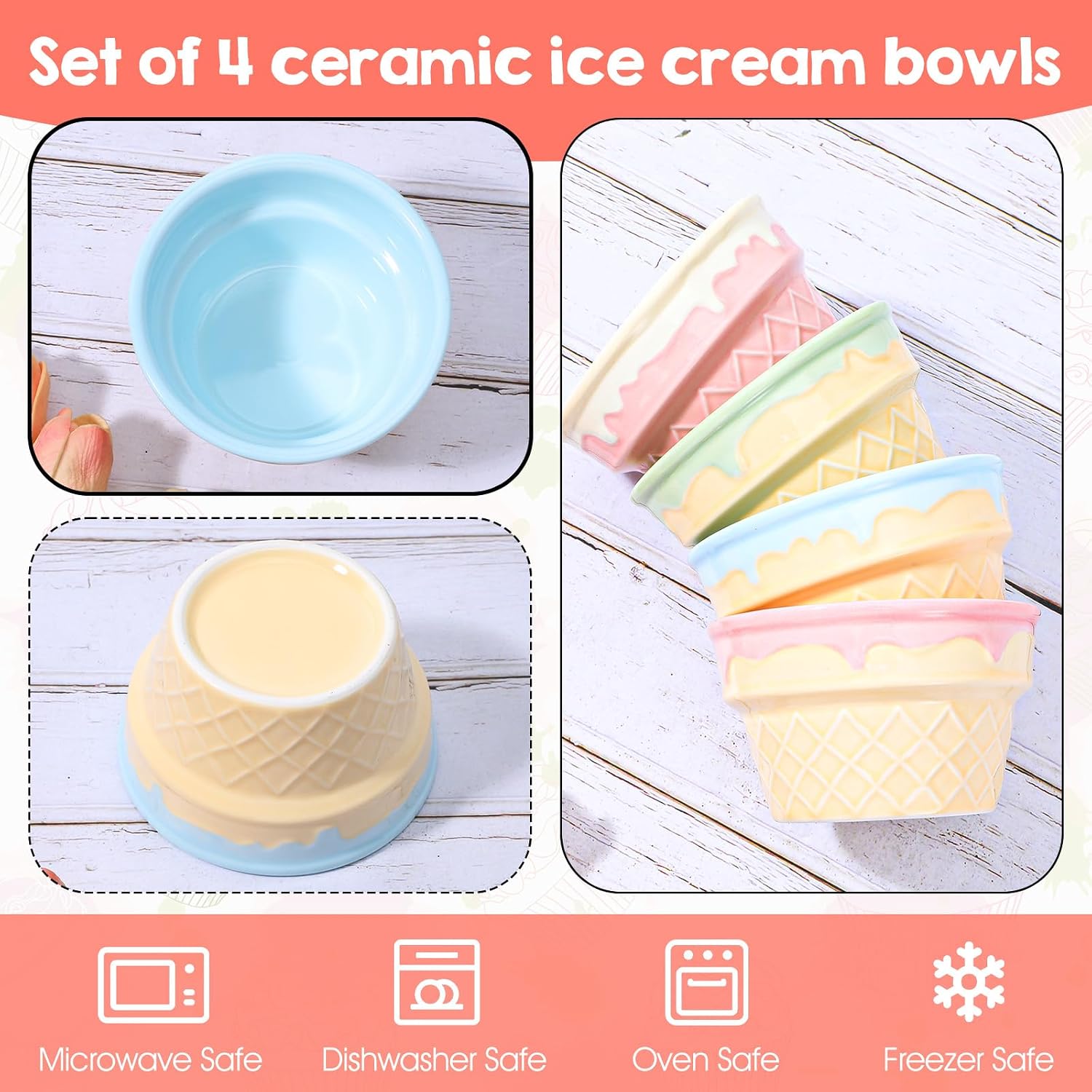 4 Pcs Ice Cream Bowls 9 Oz Ceramic Waffle Dessert Cups Reusable Sundae Containers for Yogurt Soup Party Supplies Pink Blue Green Cream