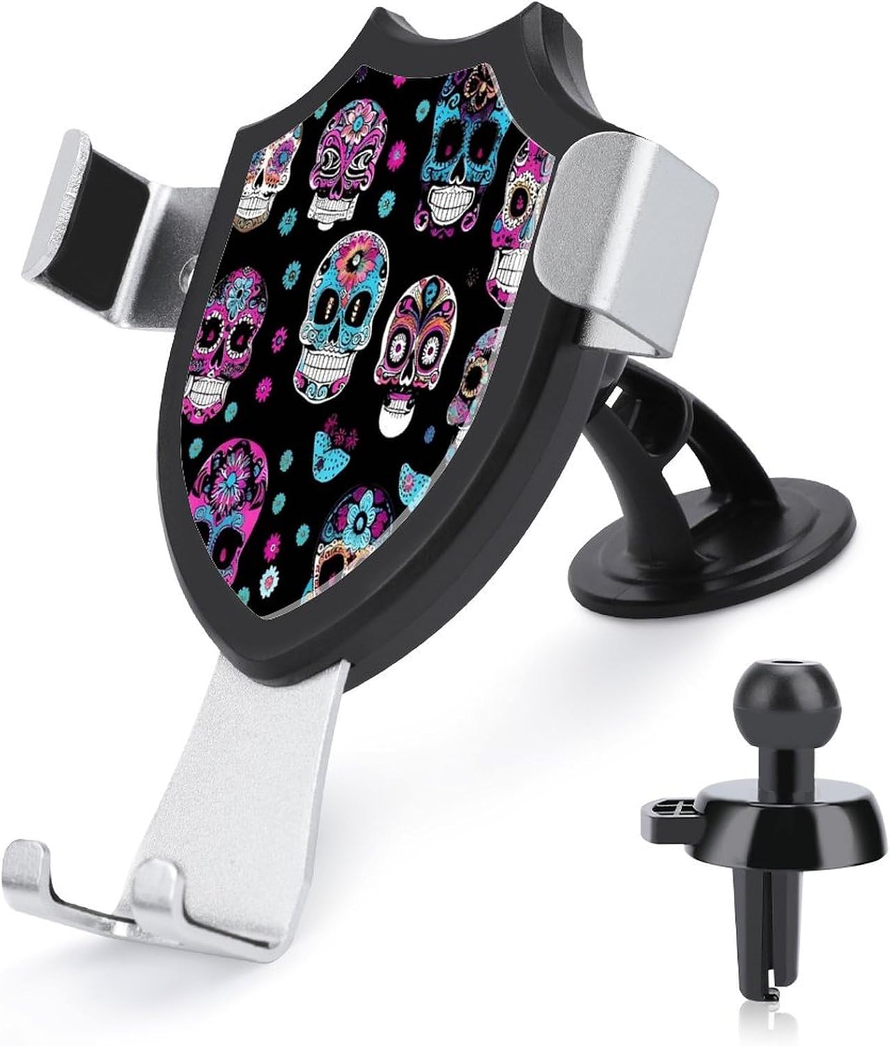 Colorful Skulls Print Phone Holder Car Hands-Free Mount Holders for Dashboard Windshield Vent Metal Hook Clip Cell Phone Mount for All Smartphones & Car Models