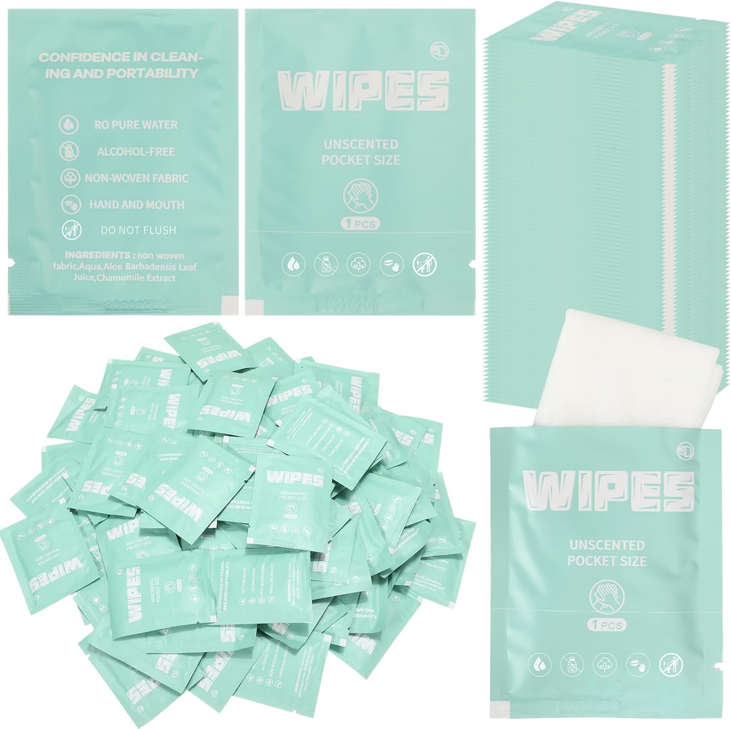 Lounsweer 500 Count Wet Wipes Individually Wrapped Unscented Flushable Cleansing Travel Size Wipes Quickly Cleaning Our Hands for Adults, Travel, Home(Light Green)