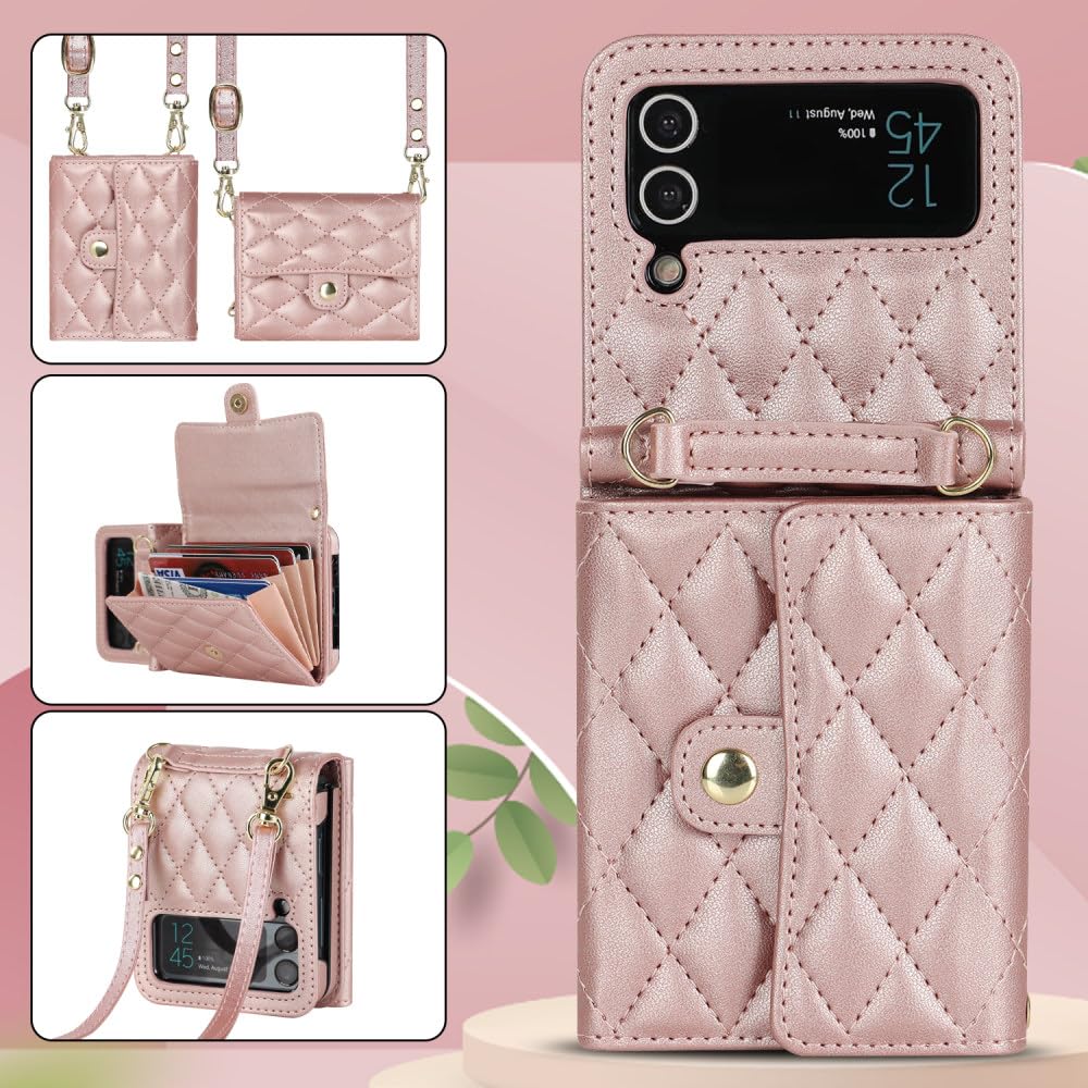 Funda de Cuero para teléfono Samsung Galaxy Z Flip 5 4 3 5G Funda con Bolsillo para Tarjeta con cordón Largo, Color E, para Z Flip 4