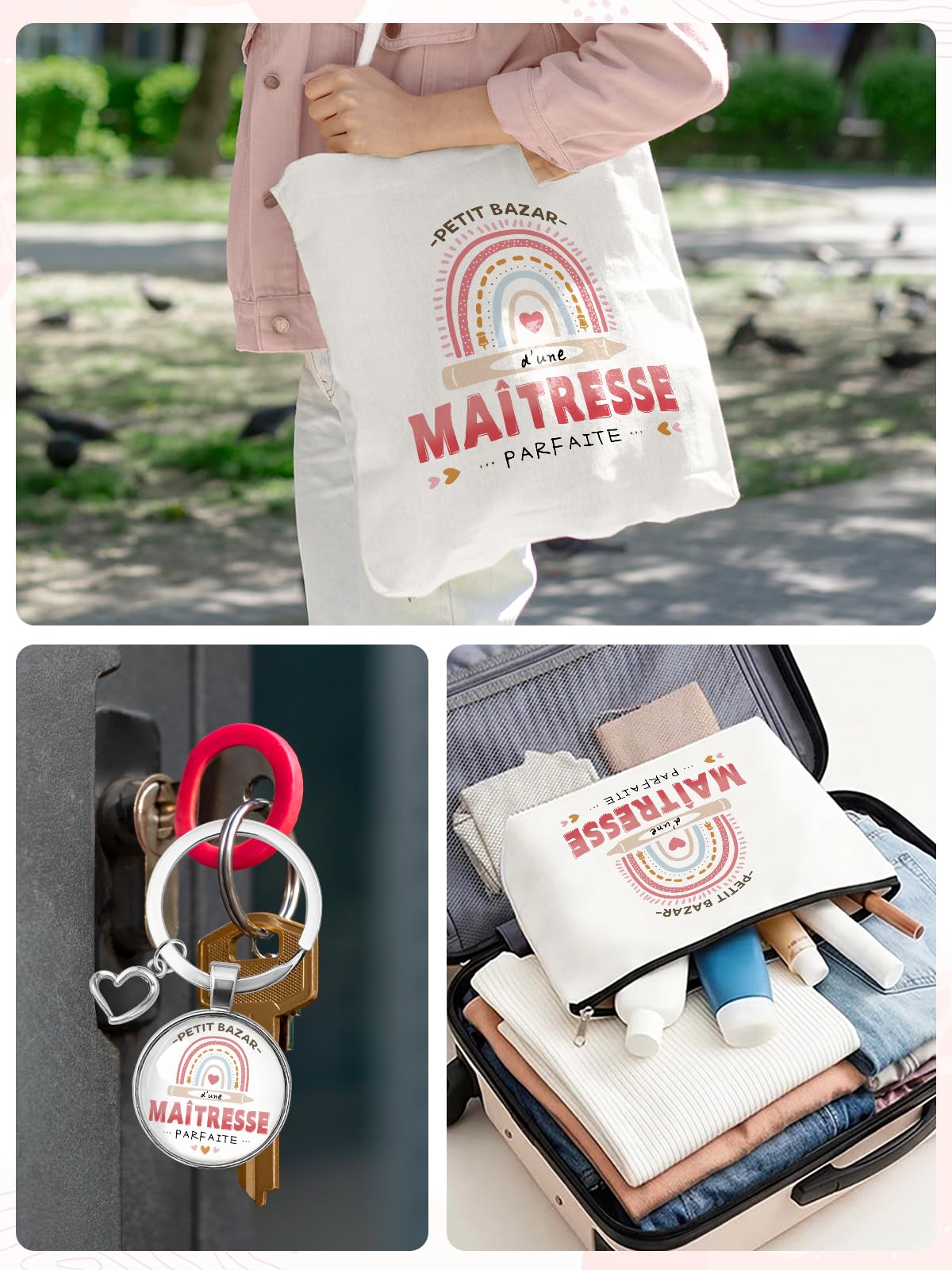 Cadeau Maitresse D'école, Cadeaux Maitresse Sac Tote Bag, Porte Clés et Carte de Remerciement, Merci Cadeau Maitre D'école Fin D'année