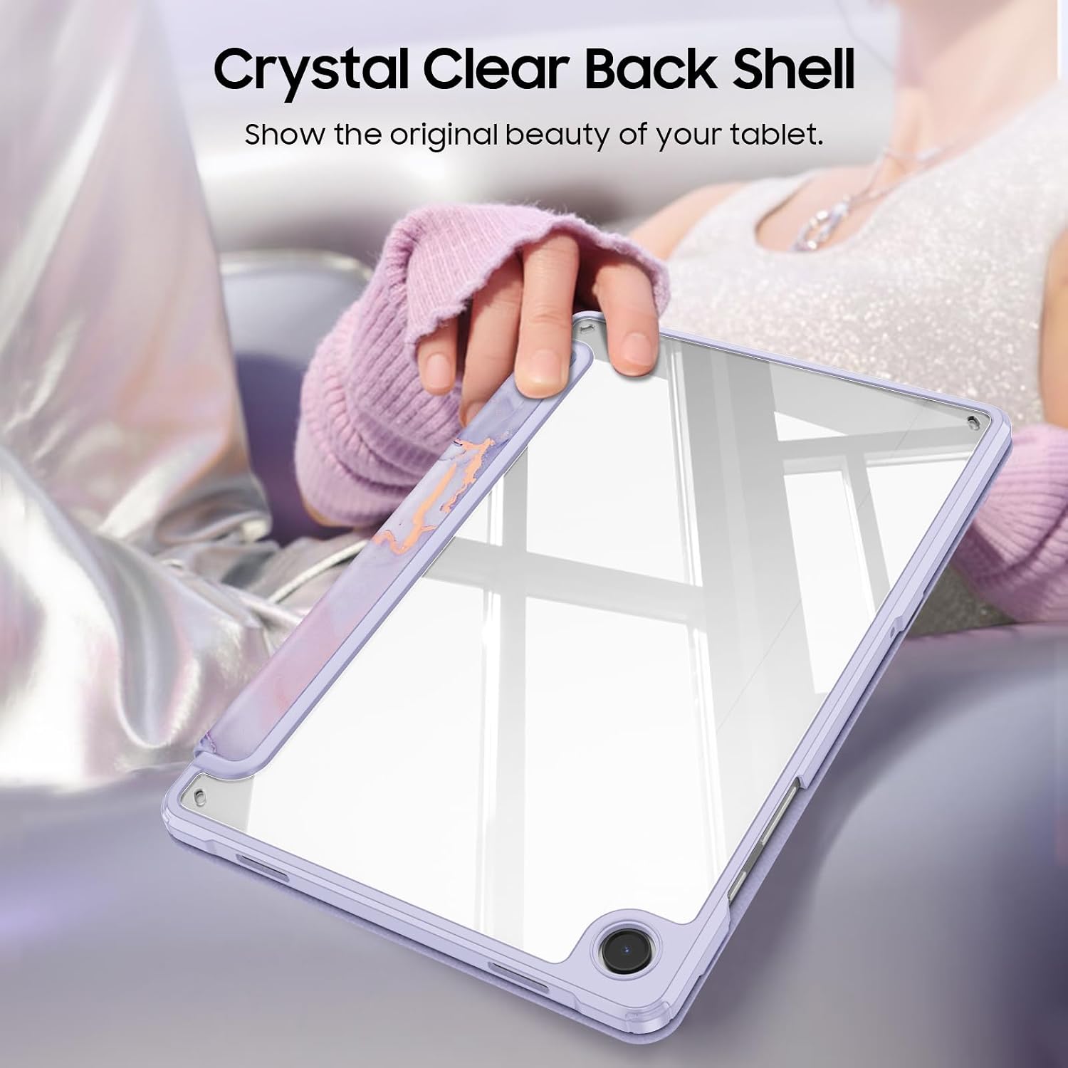 Fintie Clear Case for Samsung Galaxy Tab A11+/A9+ 11'', Lilac Marble | Shockproof Transparent Back Case, Viewing & Typing Angles, Auto Sleep/Wake, for Daily Office & Entertainment