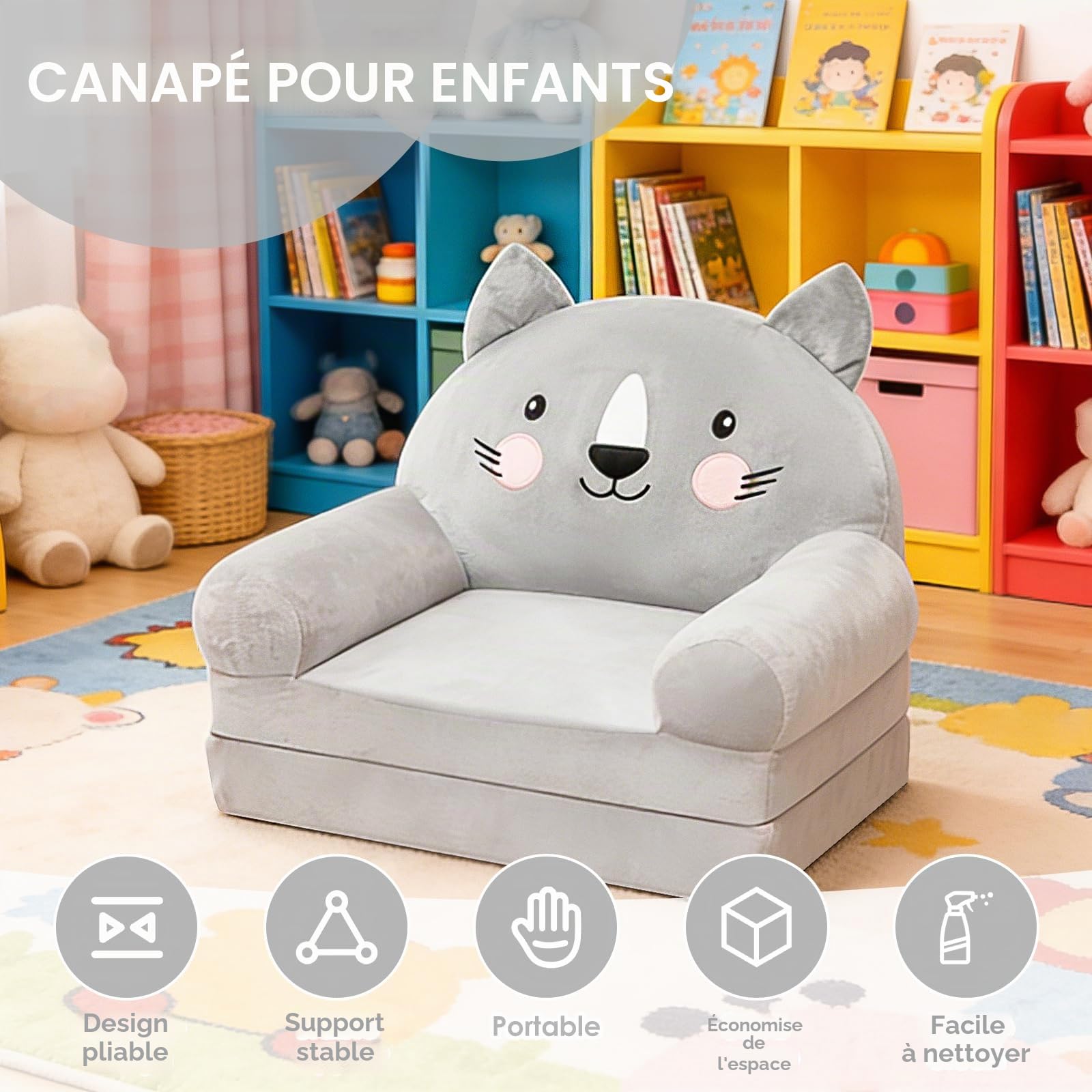 Canapé pour Enfants Pliant 2-en-1 Canapé de Jeu pour Enfants, Chaise pour Enfants avec Fonction Sommeil, Mini Canapé Doux et Robuste, Chaise de Pont Convertible en Canapé de Jeu, Fauteuil