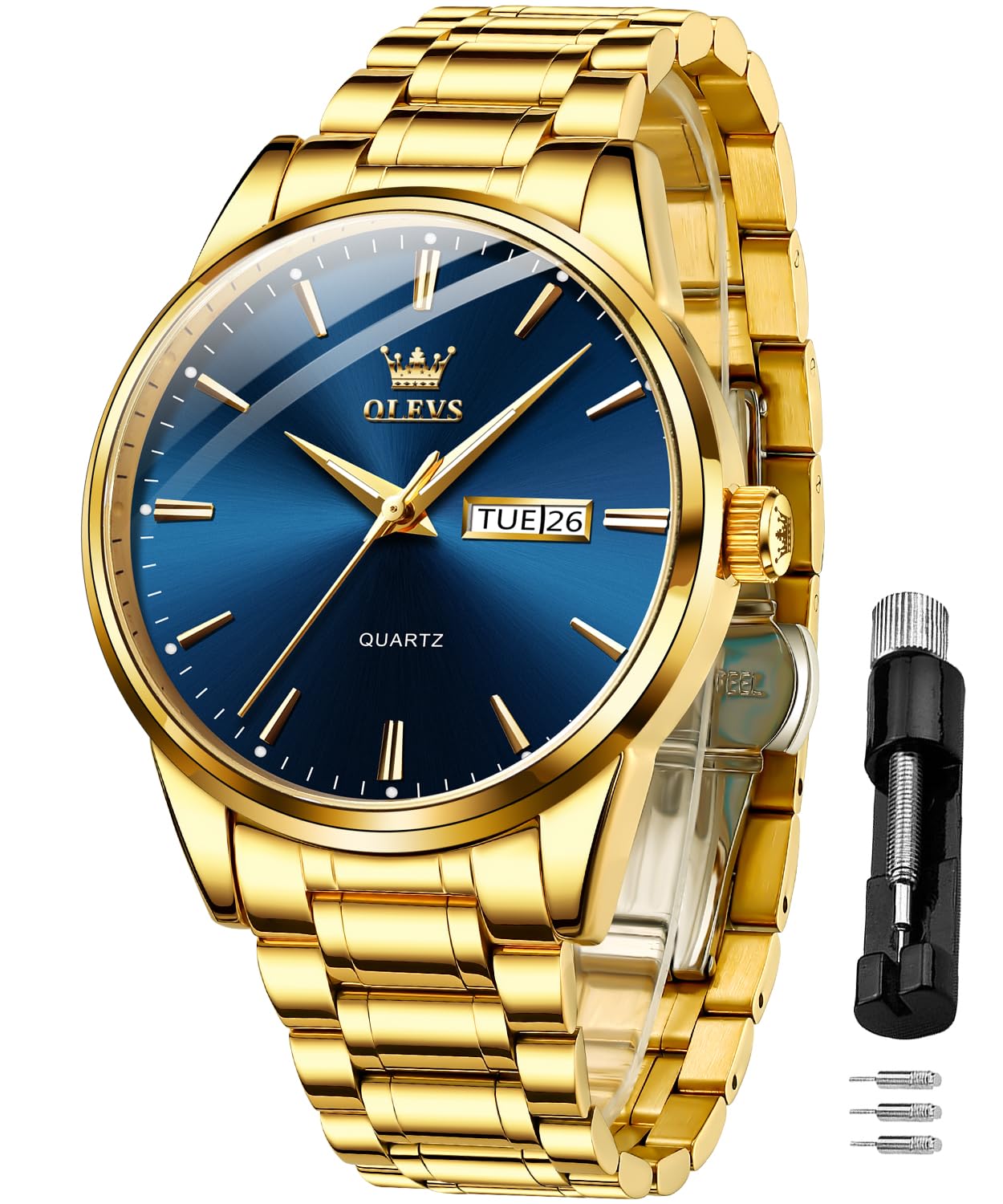 OLEVS Watch for Men Gold Blue Analog Quartz Dress Business Watch Day Date Calendar Stainless Steel Luxury Luminous Waterproof Casual Men Wrist Watches (B0D8YCKSQY) Amazon Price History, Amazon Price Tracker