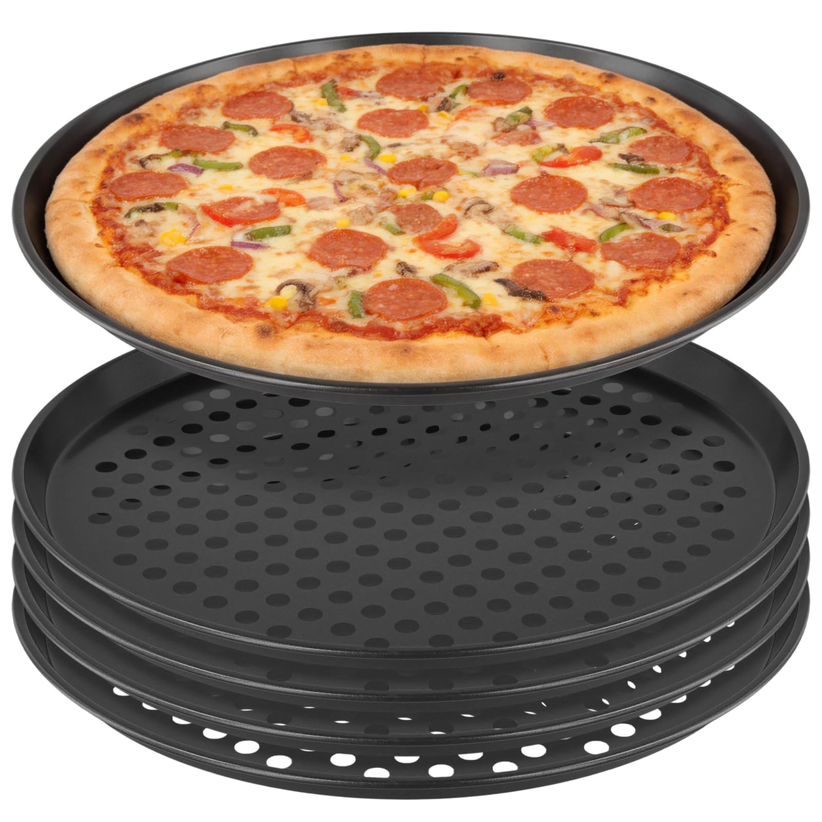 KEILEOHO Lot de 5 plaques à pizza rondes, 32 cm, en acier au carbone, avec trous, pour pizza et tartes flambées