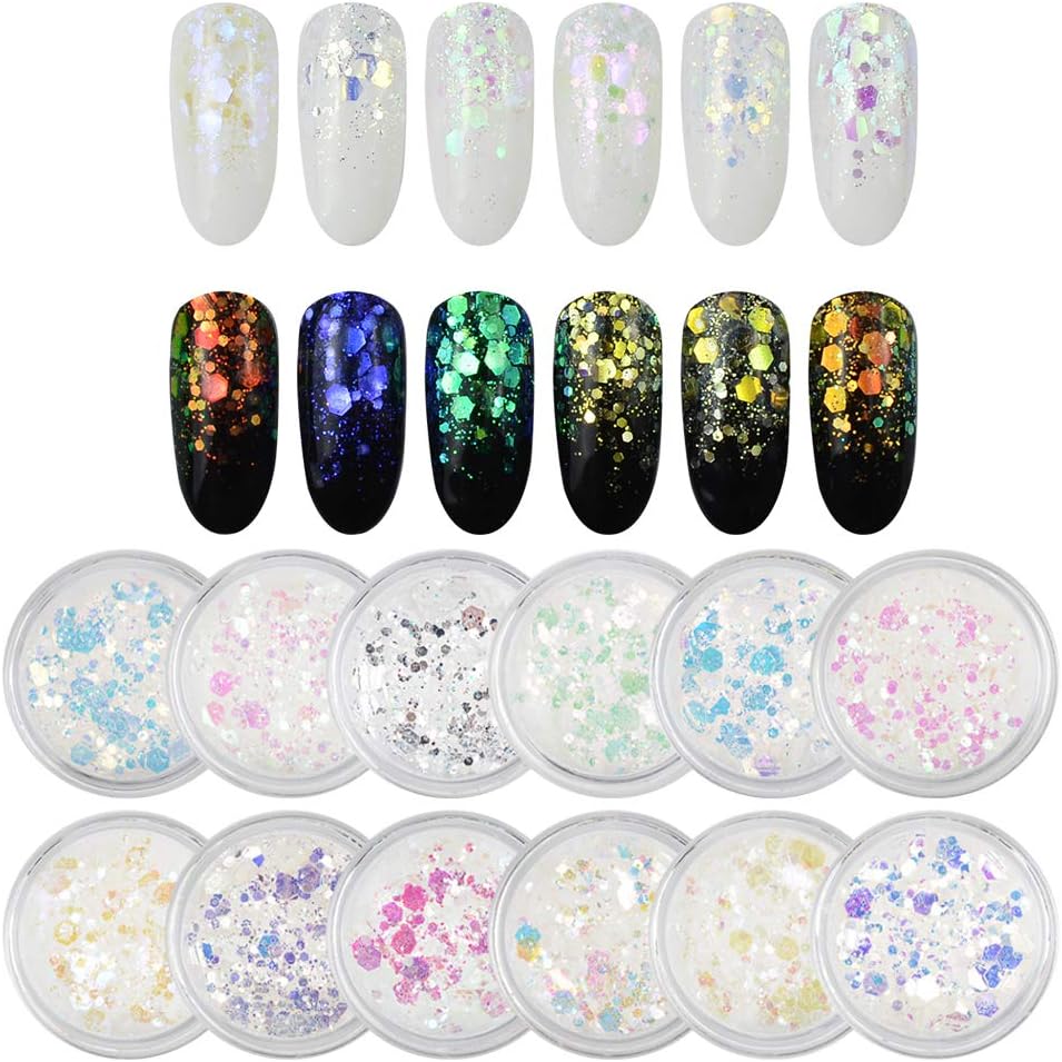 QIMEIYA 12Pots Snow Flakes Nail Glitter Sequins Kit Set Mixed Sizes Multicolored Glittering Sparkling Sparkles Paillette Nail Art Sequins Powders for DIY 3D Nail Art Decoration Manicure