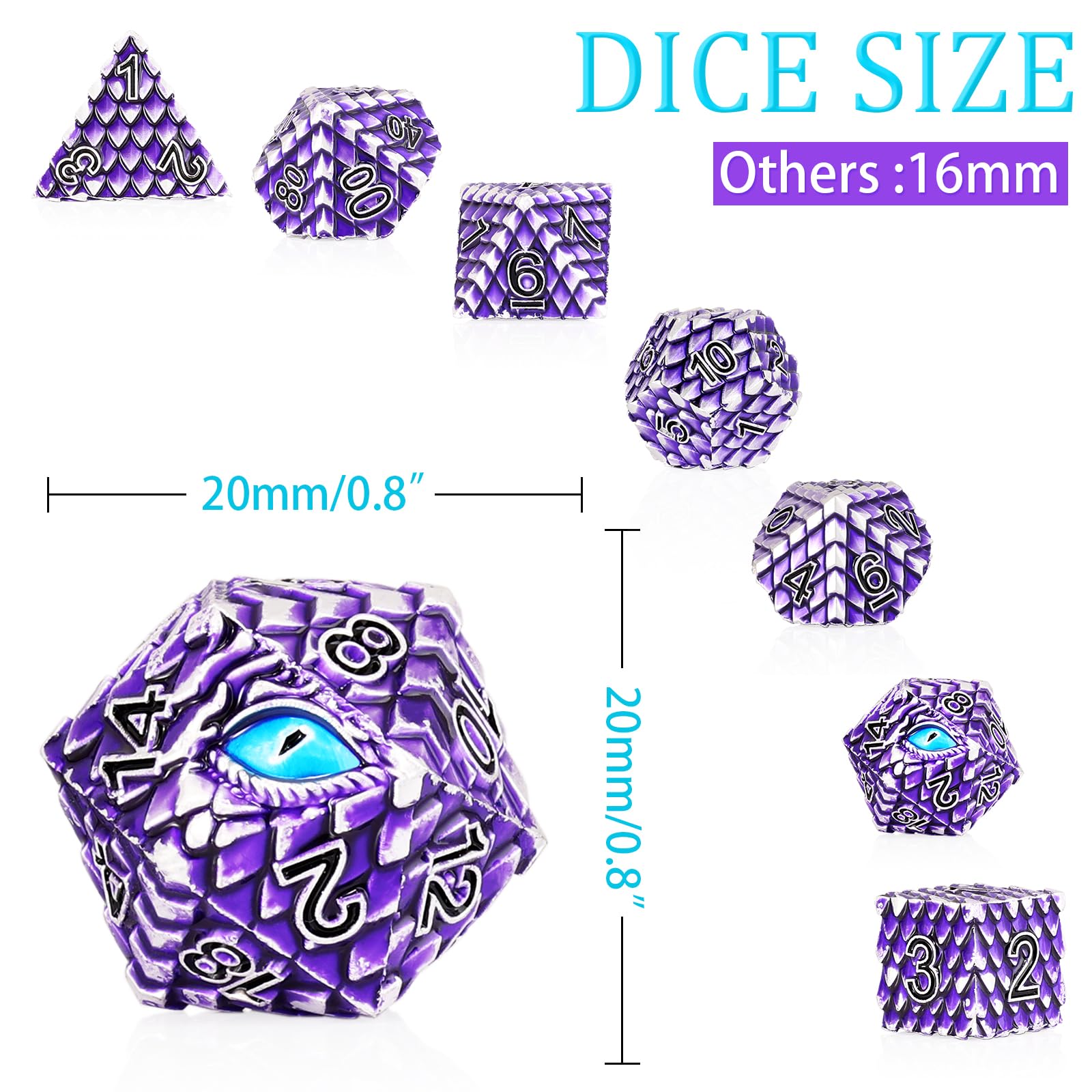 Zestaw metalowych kości D&D, 7 szt. smoczej łuski, metaliczny zestaw kości DND, metalowe kości Dragon Eye z wspaniałym etui prezentowym do gry stołowej Dungeons i Dragon (fioletowa skala smoka i
