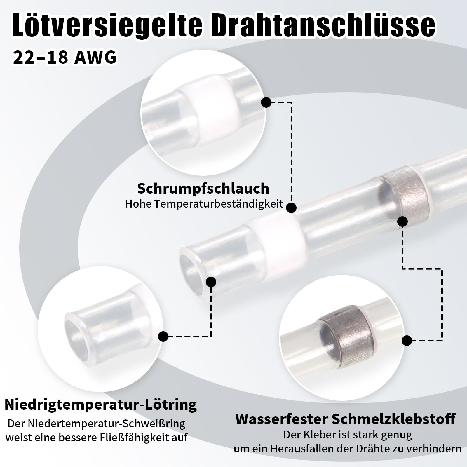 Produktbild von QESSUVNC 150 Stück Lötfreie Wasserdichte Kabelverbinder – 26–24 AWG – Schrumpfverbinder Mit Lötdichtring – IP67, 1KV – Für Auto, Boot & Co.