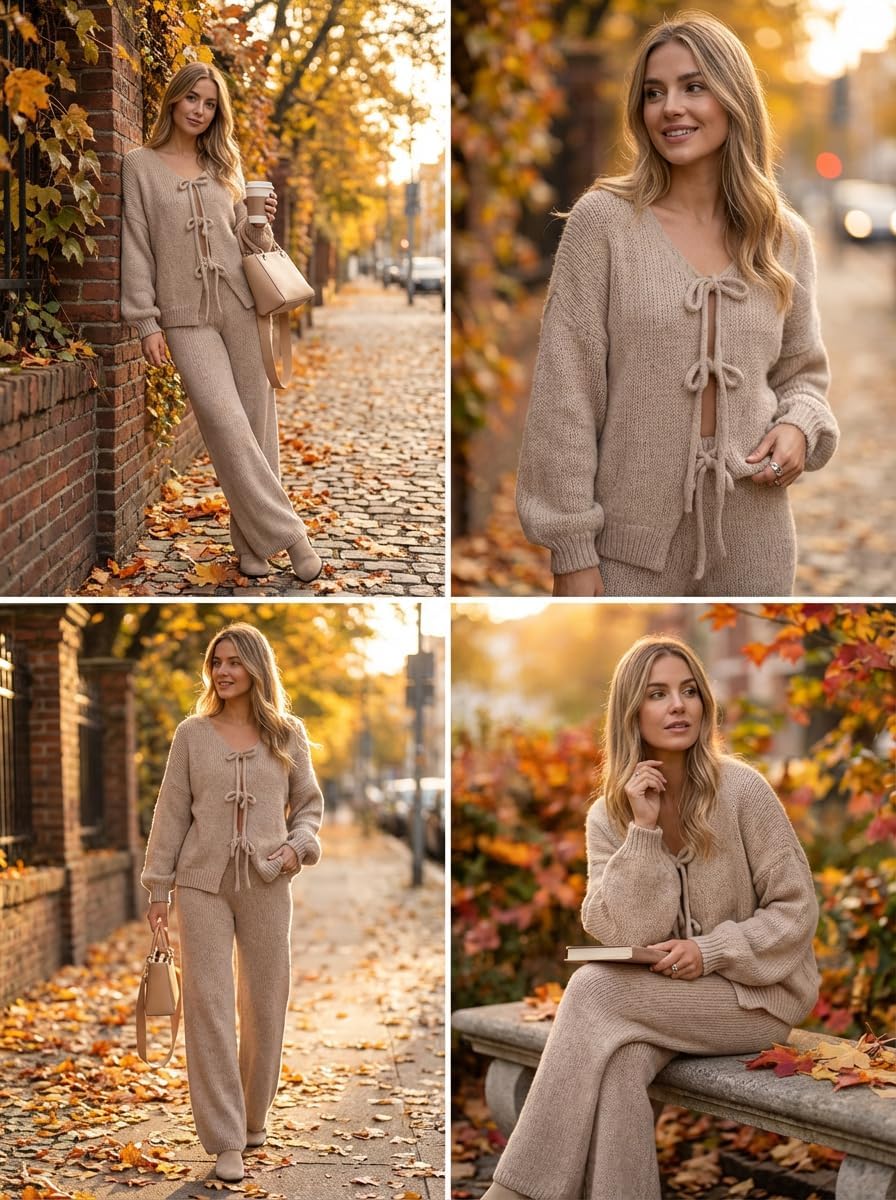 ZESICA Women's 2 Piece Outfits Lounge Pajama Sets 2026 Fall Long Sleeve Cardigans Wide Leg Pants Matching Winter Clothes - Image 4