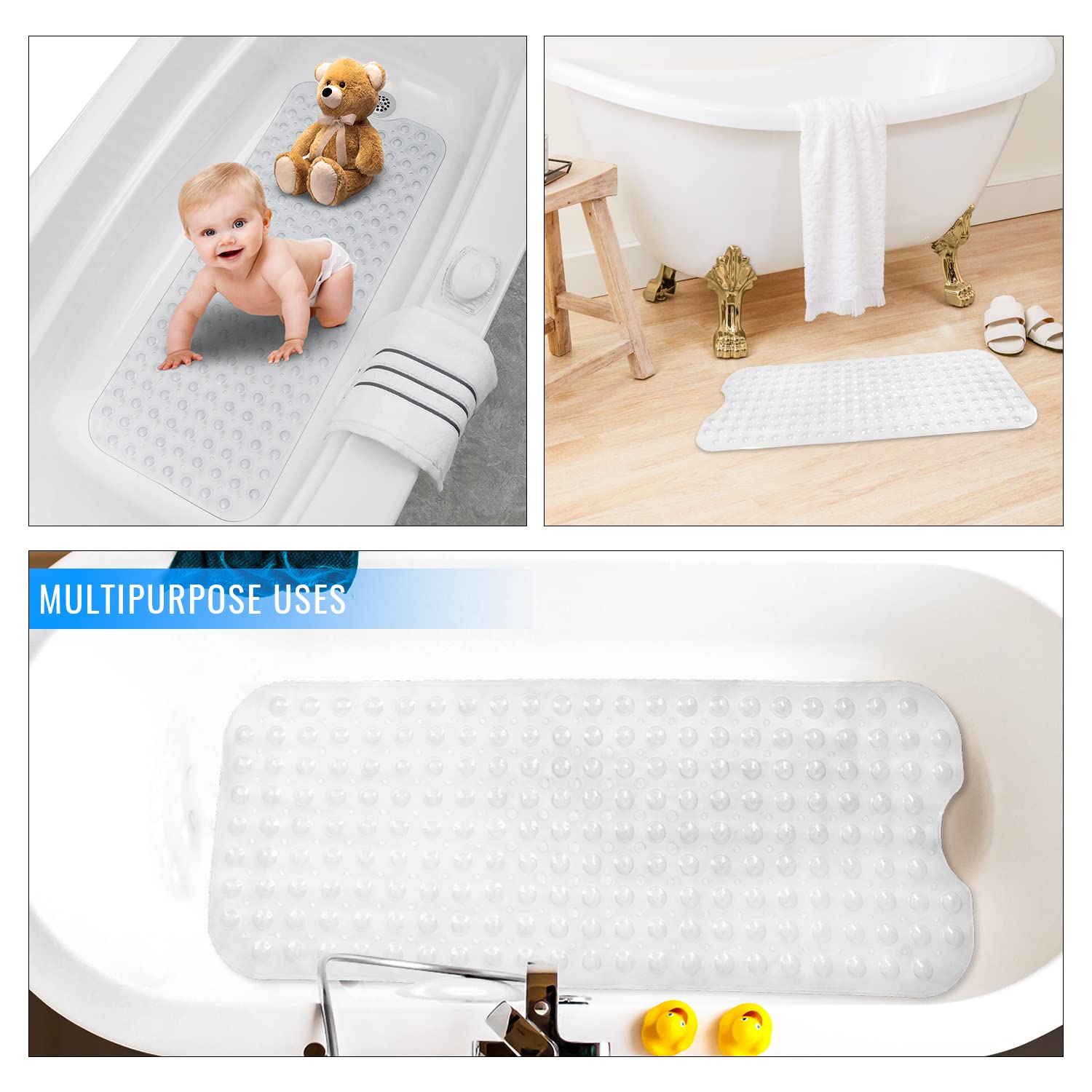 Tappetino Doccia Antiscivolo 100x40cm Con Ventose - Antibatterico, Lavabile, Per Vasca E Doccia (Bianco) - Foto 6
