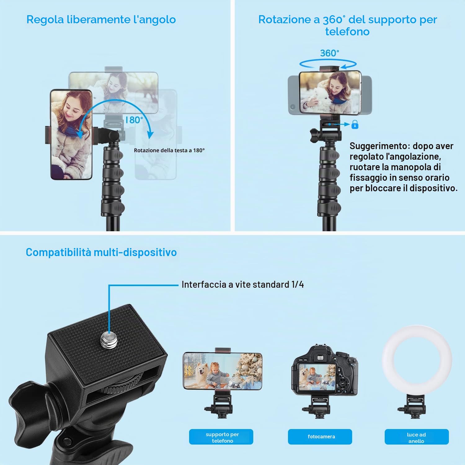 Victiv Treppiede Smartphone in Alluminio 172 cm, Cavalletto per Smartphone con Telecomando e Supporto per Telefono Cellulare, Selfie Stick Treppiede Compatibile con iPhone 17/16/15/14/13/12 Pro Max