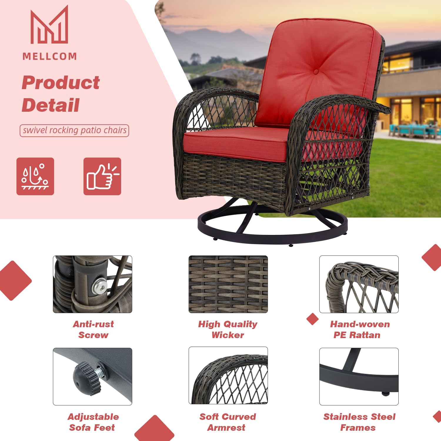 Product detail image showing anti-rust screw, high quality wicker, hand-woven PE rattan, adjustable sofa feet, soft curved armrest, and stainless steel frames