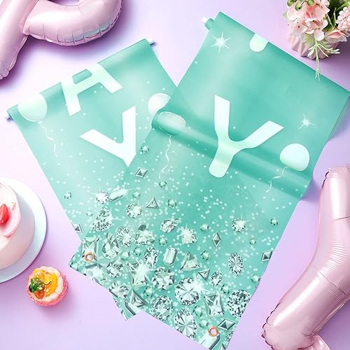 Miniatura 7 de Cartel de feliz cumpleaños plateado verde azulado con diamantes de imitación turquesa decoración de feliz cumpleaños azul claro dulce 16, feliz 15,